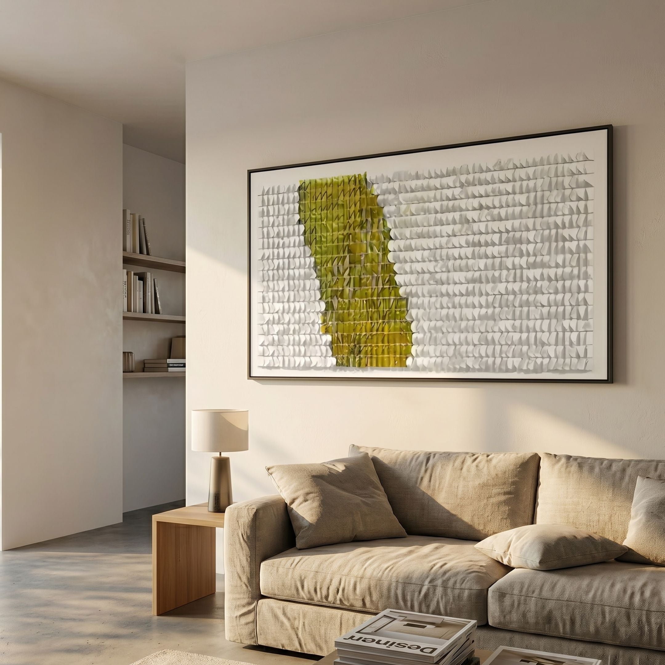 Fractura Sunlit Yellow Wide 3D Acrylic Wall Art by Giant Sculptures displayed above a beige sofa in a sunlit minimalist living room with bookshelves.