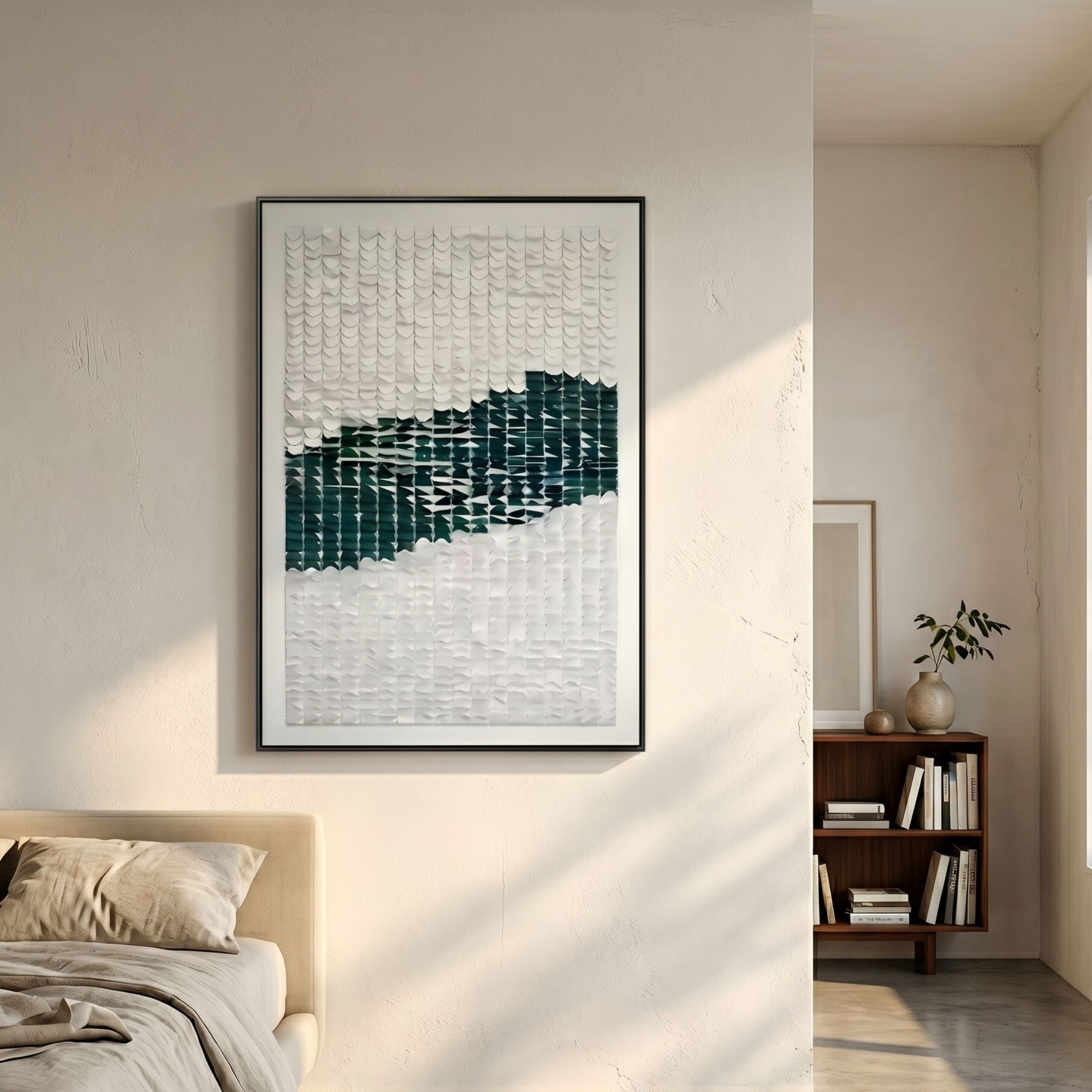 Fractura Emerald Green Vertical 3D Acrylic Wall Art by Giant Sculptures in a slim black frame above a beige bed, beside a walnut bookshelf with vase.