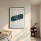 Fractura Emerald Green Vertical 3D Acrylic Wall Art by Giant Sculptures in a slim black frame above a beige bed, beside a walnut bookshelf with vase.