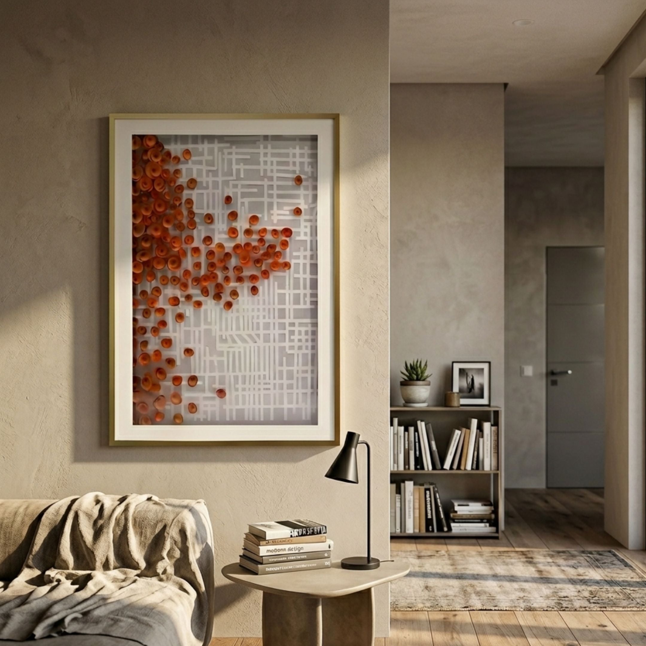 Flourish II Red Flower Sawdust 3D Wall Art by Giant Sculptures, displayed in a beige living room above a side table with books, lamp, and nearby bookshelf.
