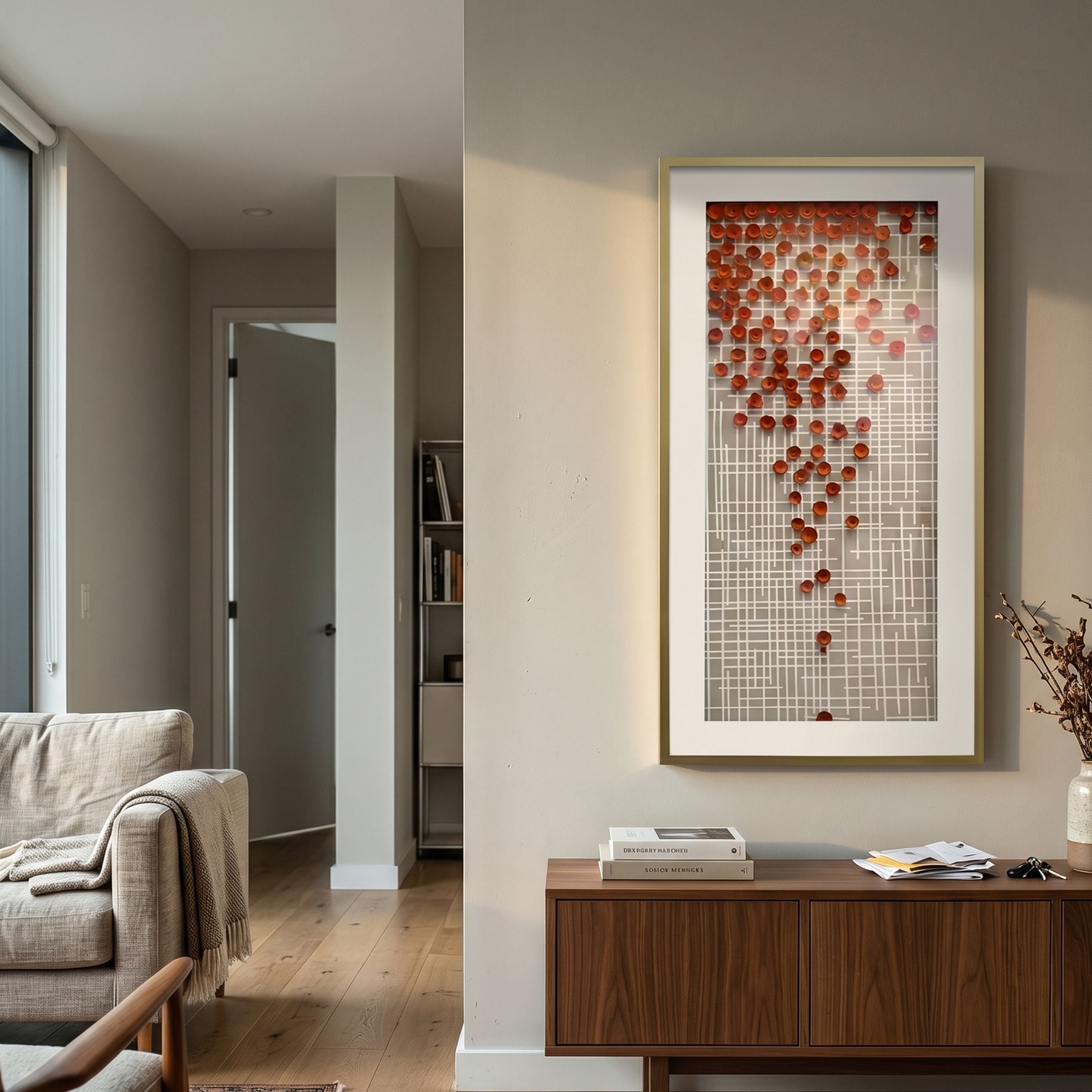 Flourish I Red Flower Sawdust 3D Wall Art by Giant Sculptures displayed in a neutral living room above a walnut sideboard, with cascading red-orange blooms on a white grid in a gold frame.