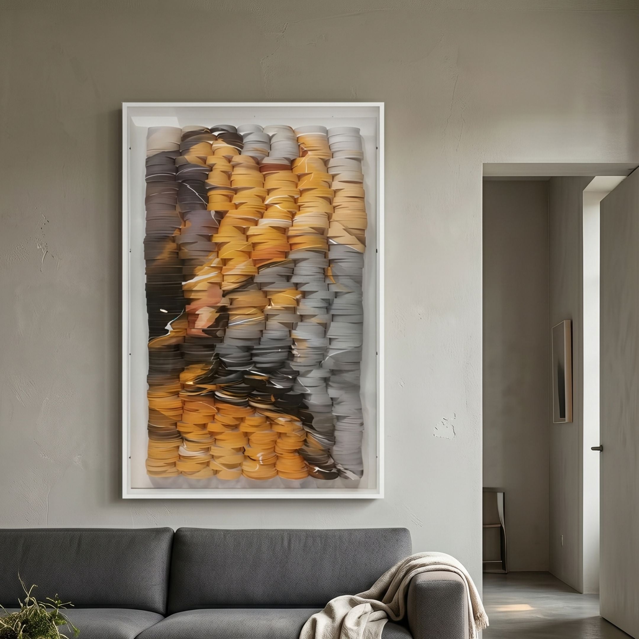Monovista Amber & Charcoal Acrylic Box 3D Paper Wall Art by Giant Sculptures displayed above a grey sofa in a modern living room with warm beige walls.