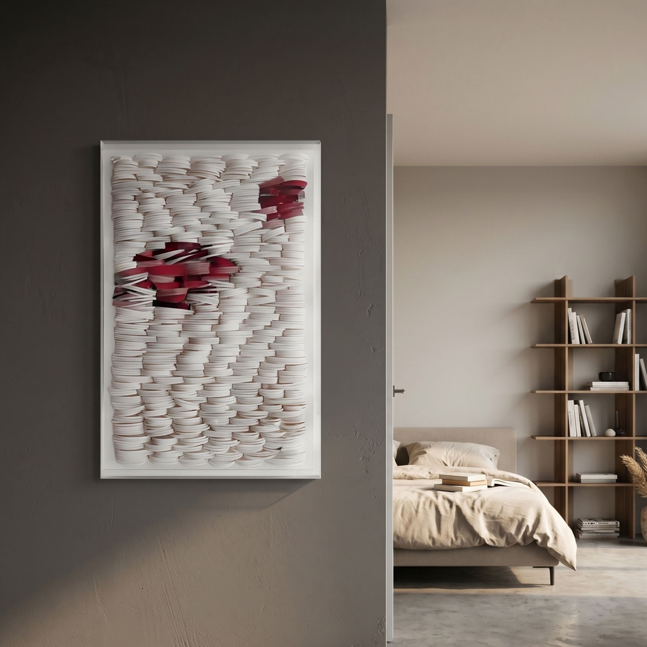 Monovista Frost White & Burgundy Red Acrylic Box 3D Paper Wall Art mounted on a dark grey wall beside an open doorway leading to a minimalist bedroom.