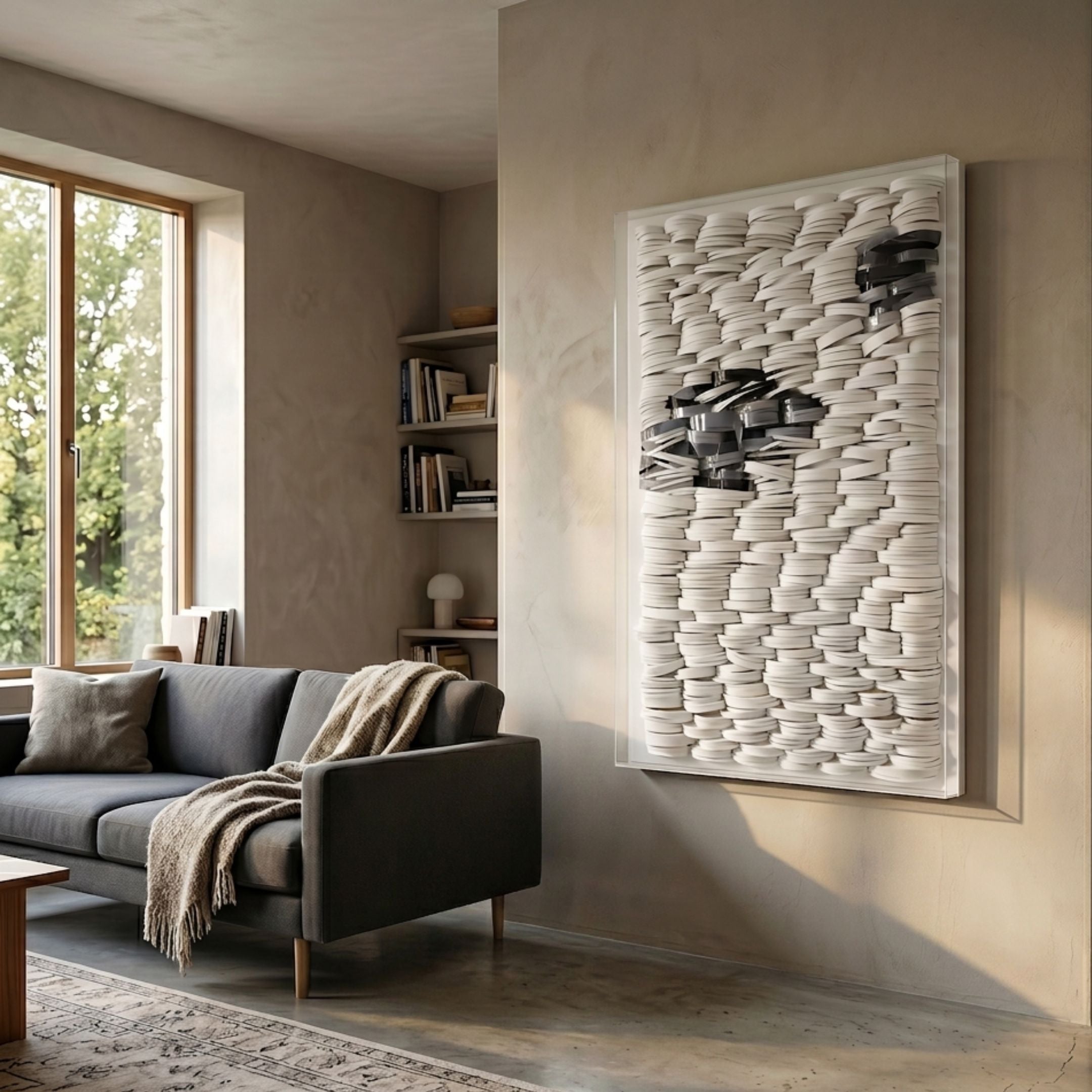 Monovista Frost White & Emerald Green Acrylic Box 3D Paper Wall Art by Giant Sculptures displayed in a neutral living room above a grey sofa beside a window.