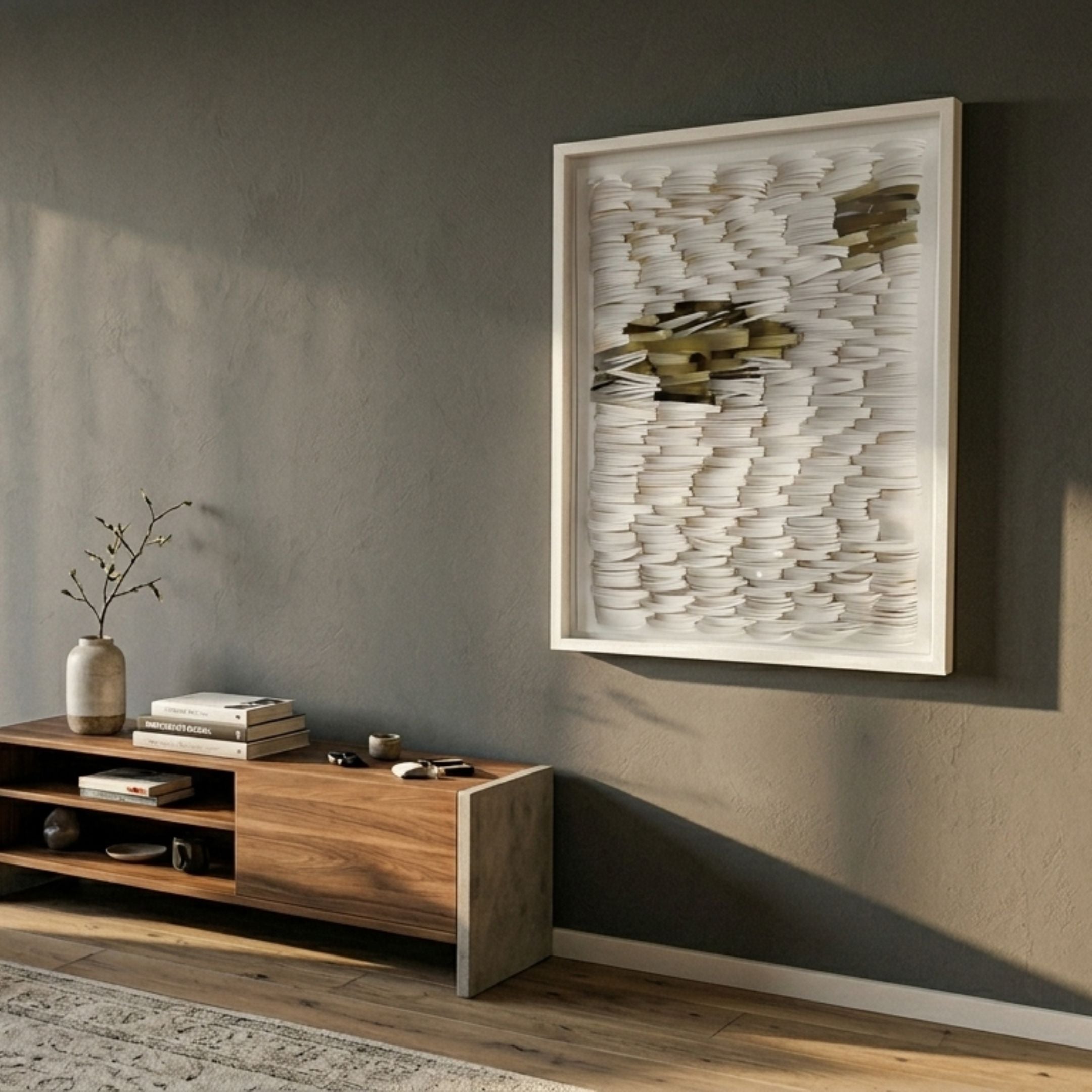 Monovista Frost White & Gold Acrylic Box 3D Paper Wall Art mounted on a grey wall above a walnut media console with vase and books in a modern living room.