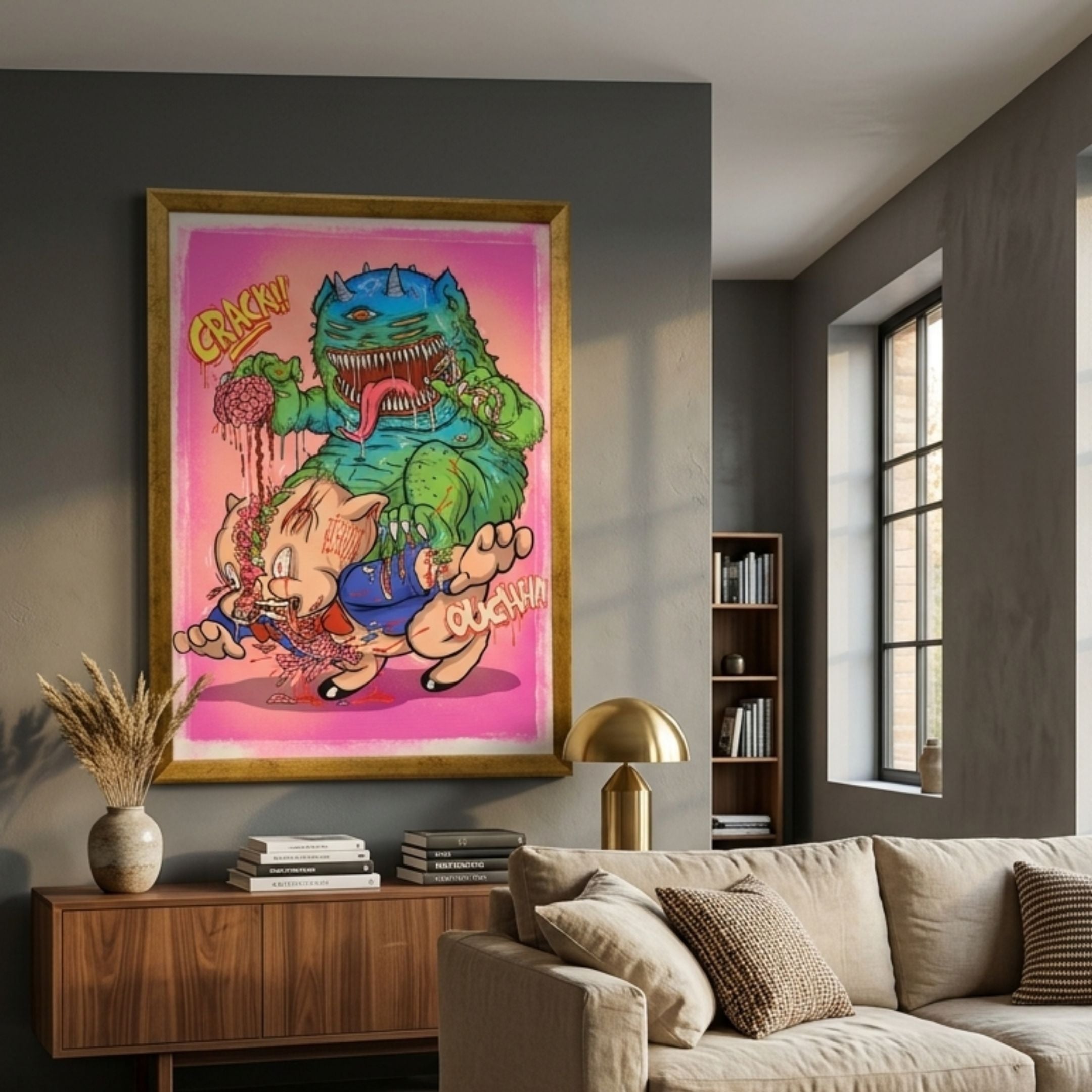 Ouchh!! Canvas Wall Art by Giant Sculptures in a gold frame, showing a green monster crushing a cartoon pig with CRACK!! and OUCHHH!! lettering, above a walnut sideboard.