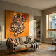 The Prophet Canvas 3D Wall Art by Giant Sculptures, showing Mario as a robed monk holding a red mushroom on a gold background, hung above a sofa in a sunlit living room.