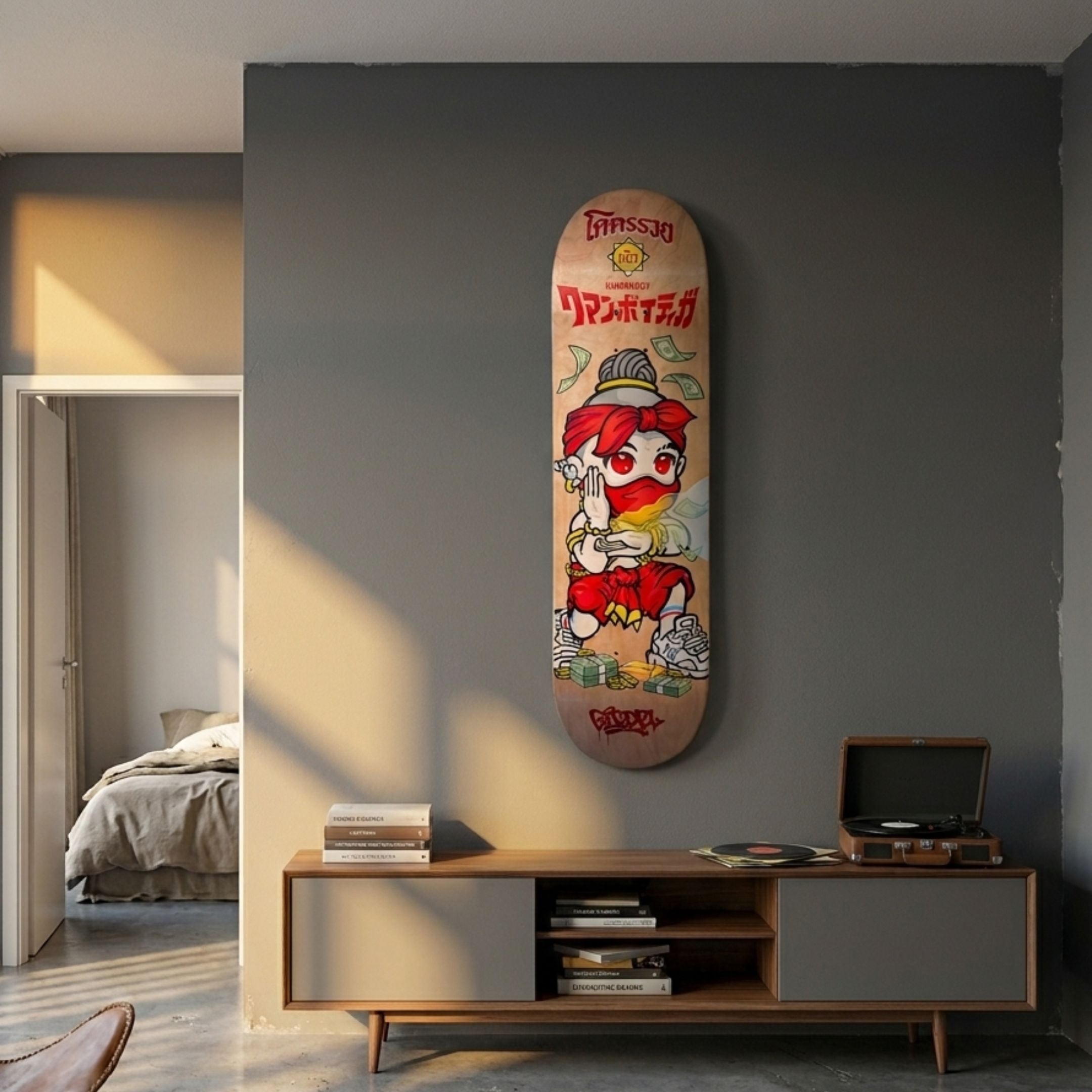 Kuman Boy Deck Vol.1 Skateboard Wall Art mounted on a grey wall above a wooden media console with a record player, beside a bedroom doorway.