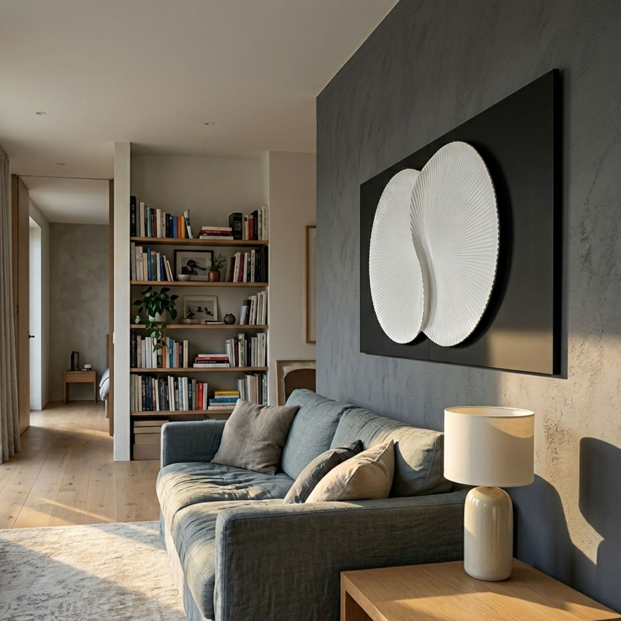 Artivio Black & White Wood Relief 3D Wall Art by Giant Sculptures, with overlapping white carved circles on a matte black panel, mounted above a grey linen sofa.