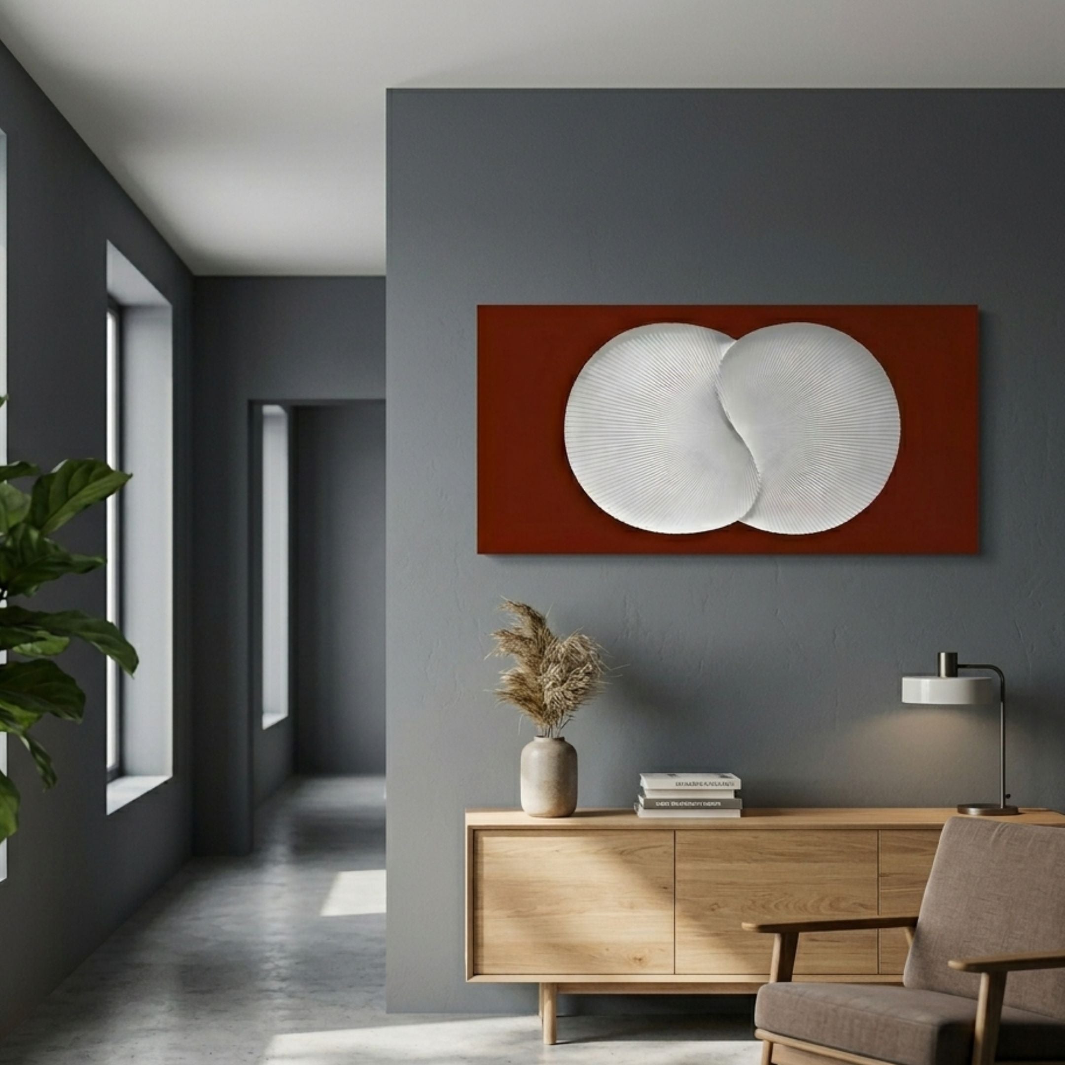 Artivio Red & White Wood Relief 3D Wall Art by Giant Sculptures displayed above an oak sideboard in a modern grey hallway with pampas grass and a lamp.