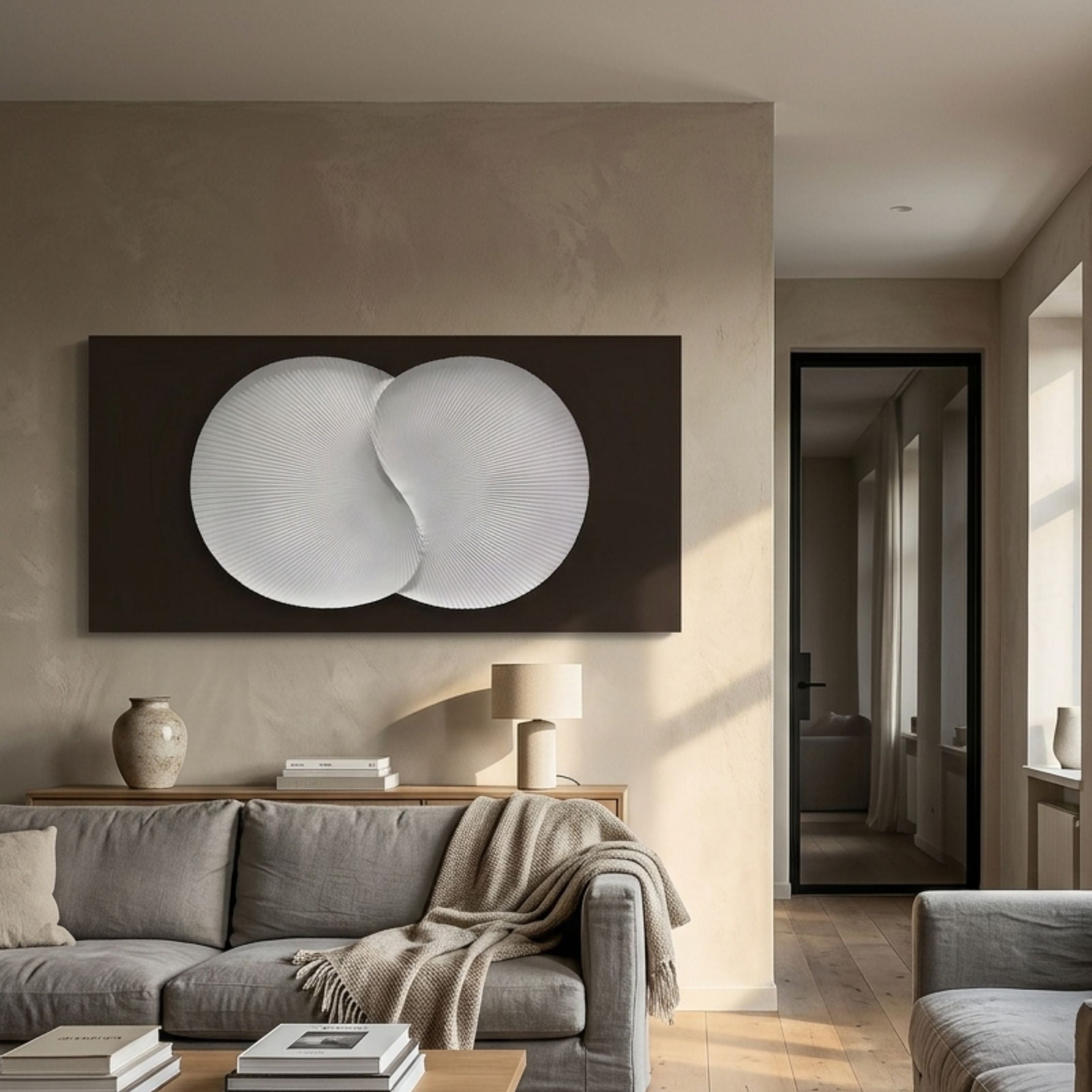 Artivio Dark Brown & White Wood Relief 3D Wall Art by Giant Sculptures displayed above a sideboard in a neutral living room with grey sofa and lamp.