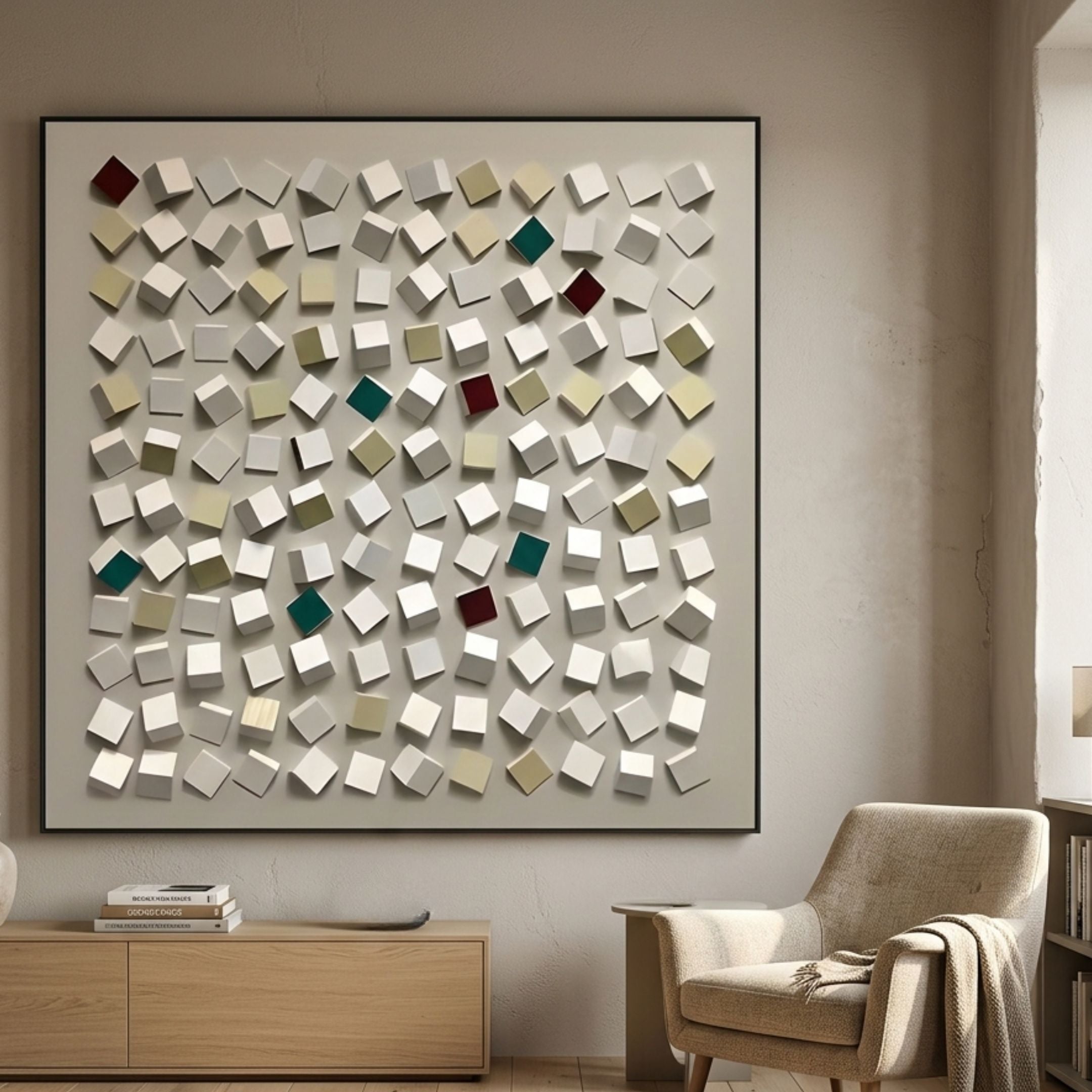 Formexa Cube Geometric Wood Relief 3D Wall Art by Giant Sculptures, framed grid of tilted cubes in white, beige, green, teal, and red above a sideboard.