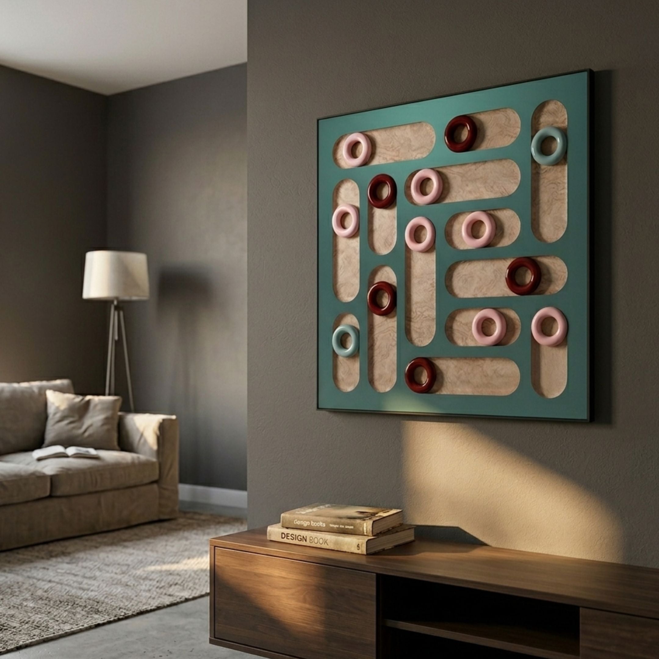 Formexa Ring Geometric Wood Relief 3D Wall Art by Giant Sculptures, teal board with red, pink, and blue rings in curved wood slots, mounted in a modern living room.