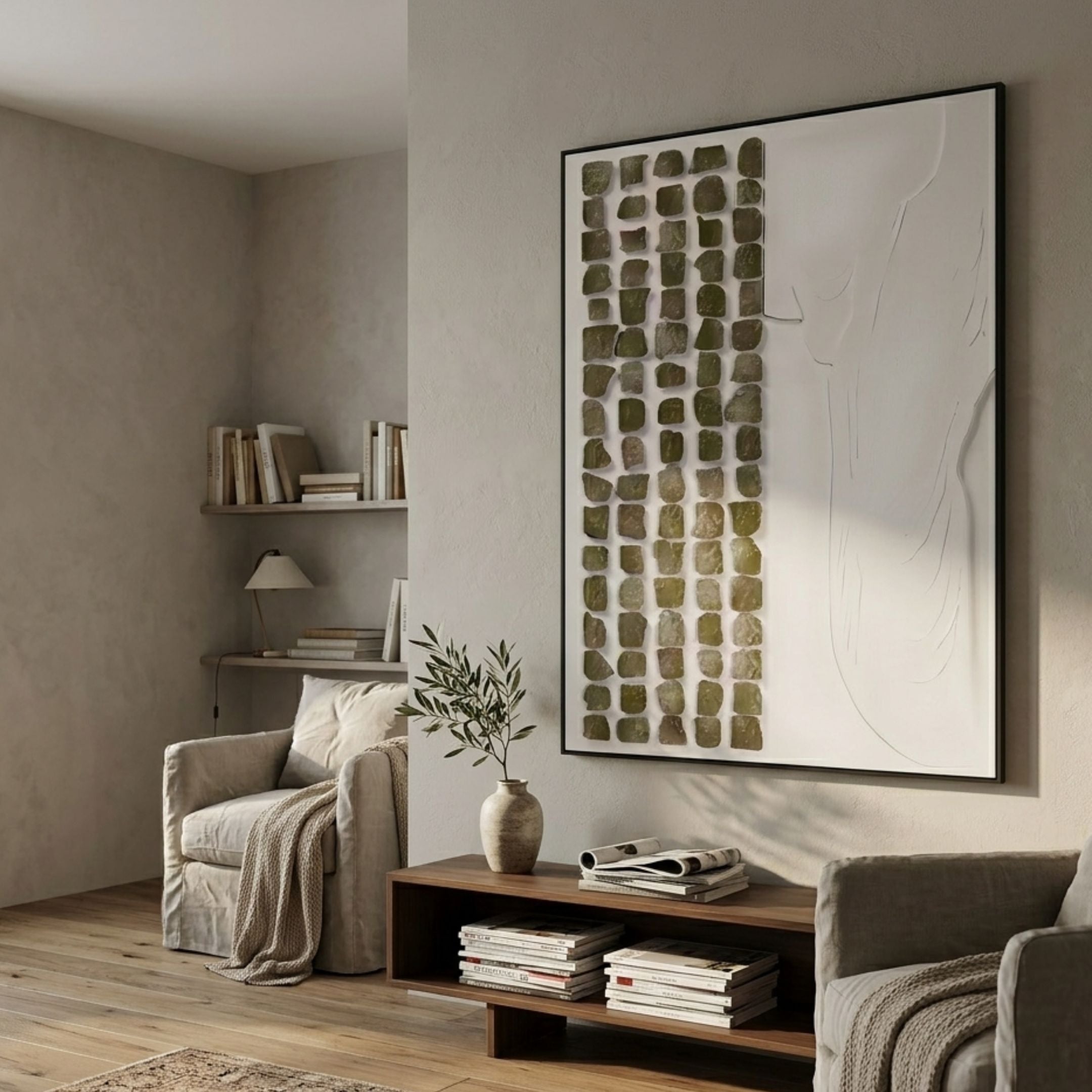 Aestilis Olive & White Mosaic Wood Carving 3D Wall Art by Giant Sculptures mounted in a neutral living room above a wood console with linen armchair and olive sprig.