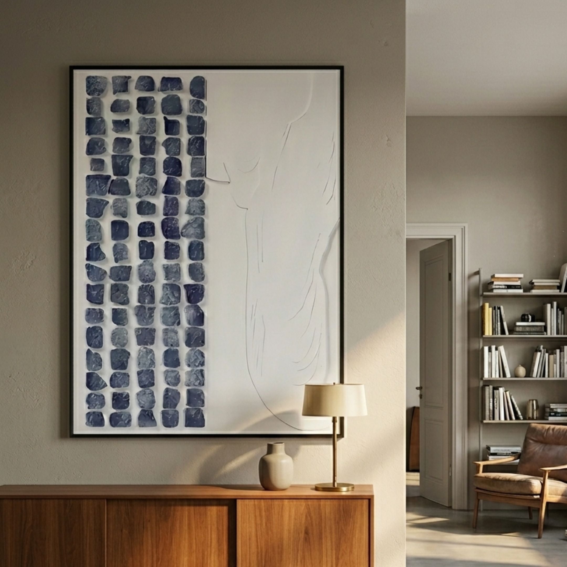 Aestilis Blue & White Mosaic Wood Carving 3D Wall Art by Giant Sculptures displayed above a walnut sideboard with brass lamp in a calm modern living room.