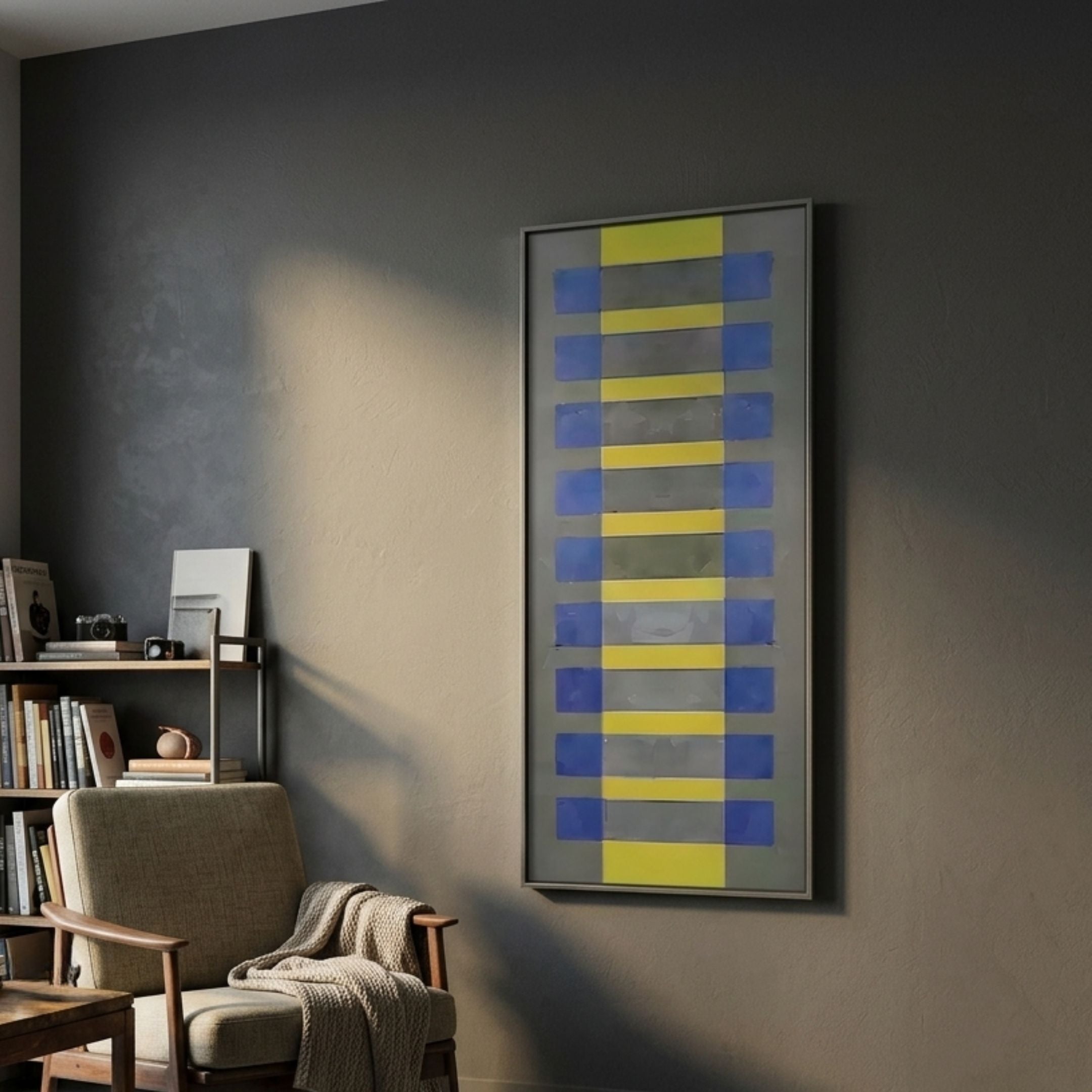 Lineris Blue & Yellow Layered Abstract Oil Painting by Giant Sculptures displayed on a dark grey wall above a midcentury armchair and bookshelf in a cozy reading nook.
