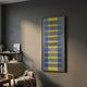 Lineris Blue & Yellow Layered Abstract Oil Painting by Giant Sculptures displayed on a dark grey wall above a midcentury armchair and bookshelf in a cozy reading nook.