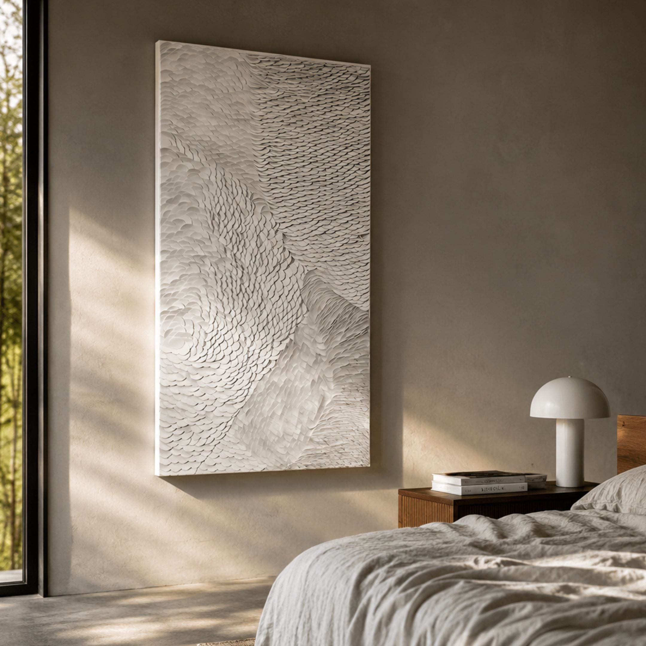 Vermira White Textured Leather 3D Wall Art mounted on a beige bedroom wall beside a window, with a wooden nightstand, mushroom lamp, and linen bed.