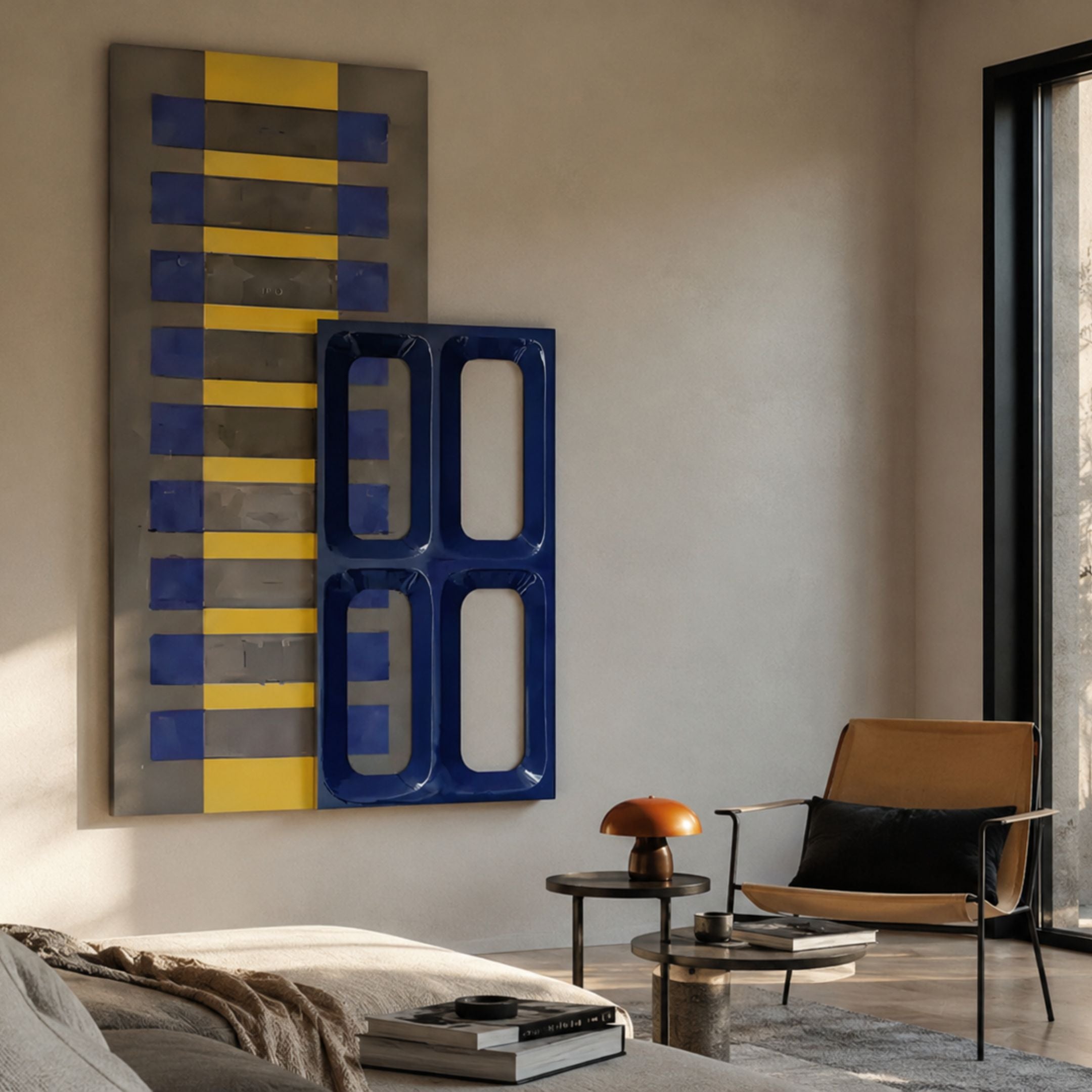 Lineris Blue Oil Painting & Glossy Wood Relief 3D Wall Art by Giant Sculptures, yellow and blue striped canvas layered with a glossy deep blue cutout panel.