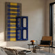 Lineris Blue Oil Painting & Glossy Wood Relief 3D Wall Art by Giant Sculptures, yellow and blue striped canvas layered with a glossy deep blue cutout panel.