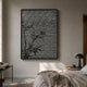 Synova Silver I Hand-Painted Wood Relief 3D Wall Art with silver grid and black bamboo silhouettes, mounted above a bed in a neutral bedroom.
