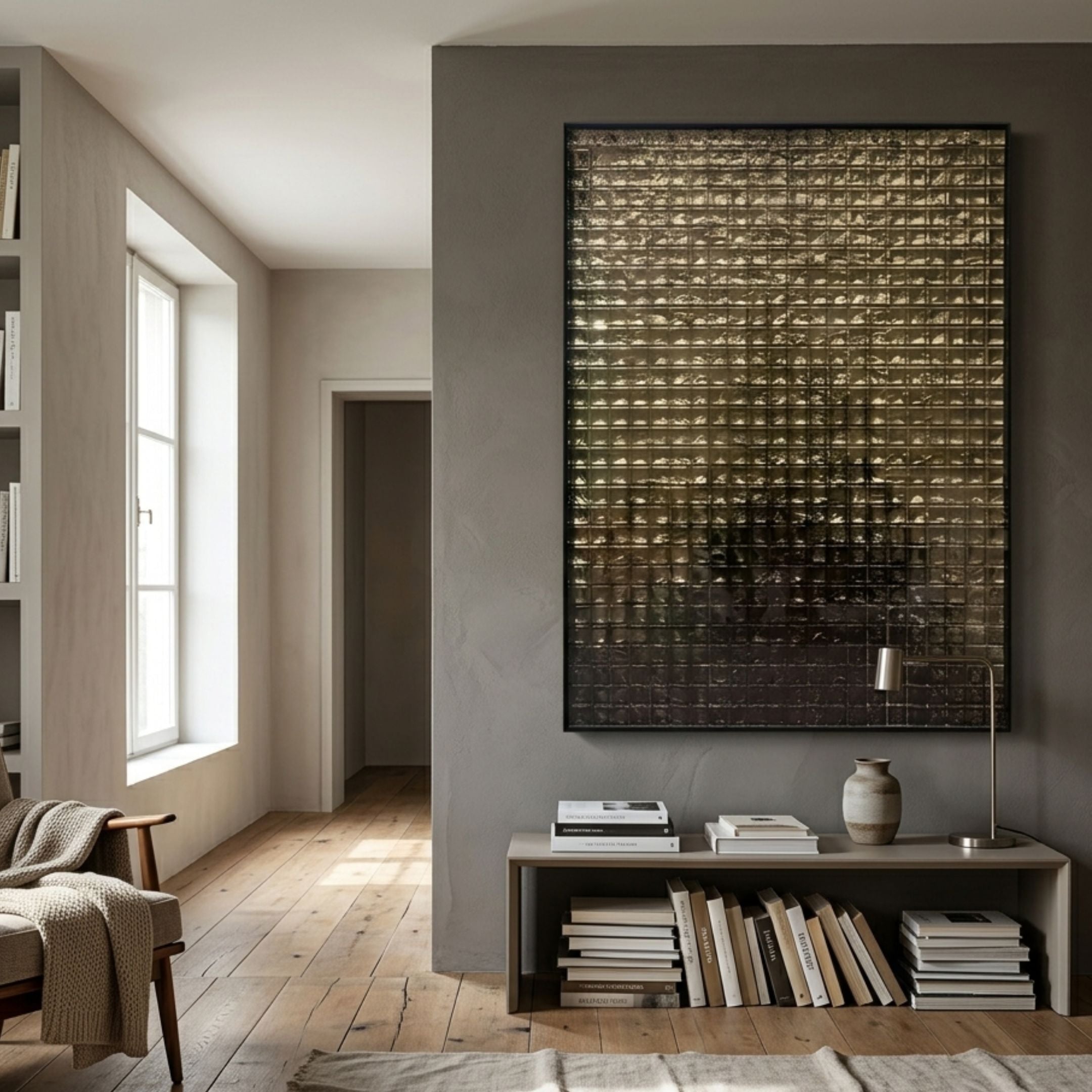 Synova Gold I Hand-Painted Wood Relief 3D Wall Art with gold and black grid texture mounted above a console with books in a modern living space.