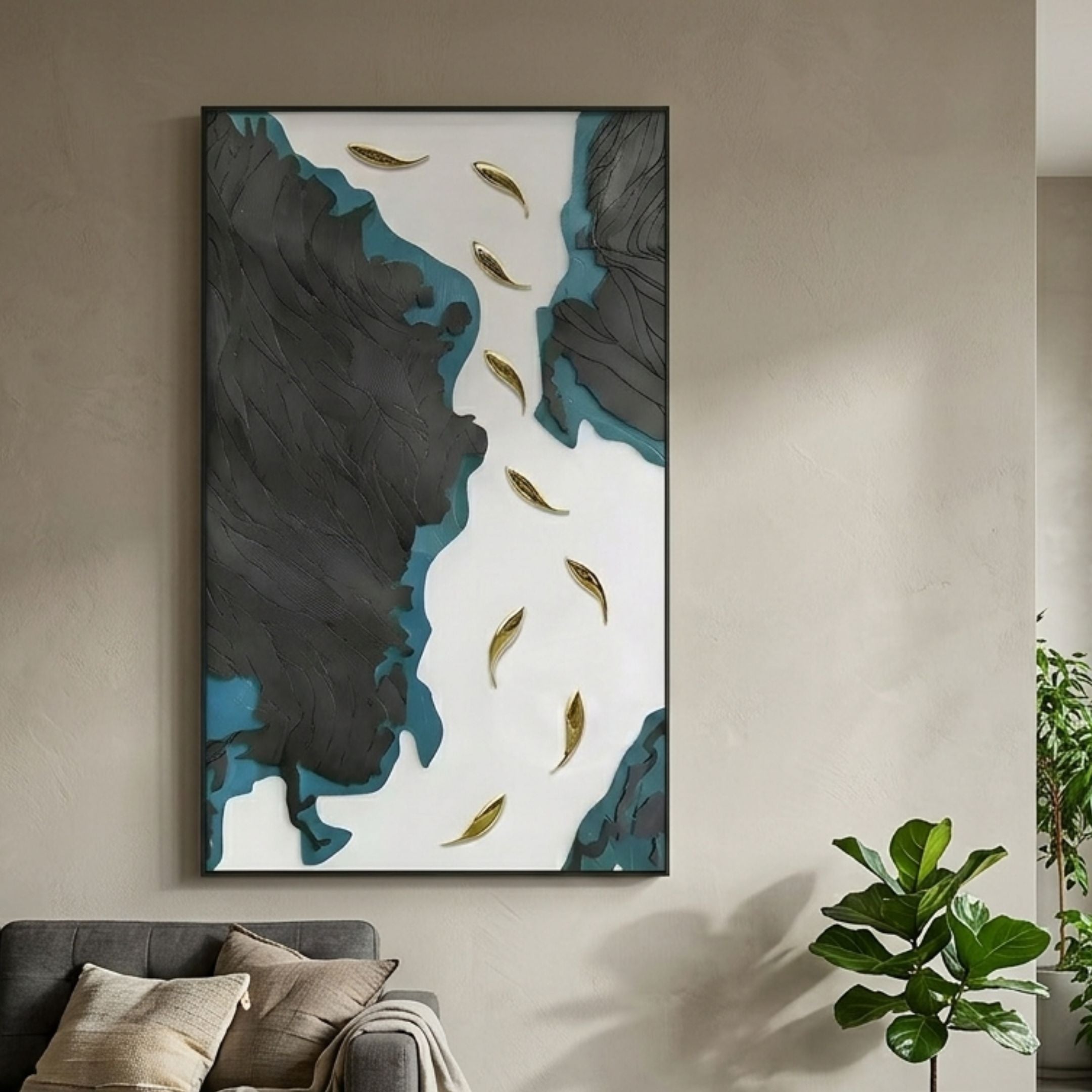 Prosper Black & Blue Metallic Fish 3D Relief Wall Art by Giant Sculptures displayed above a grey sofa, with gold fish on a black and blue abstract panel.