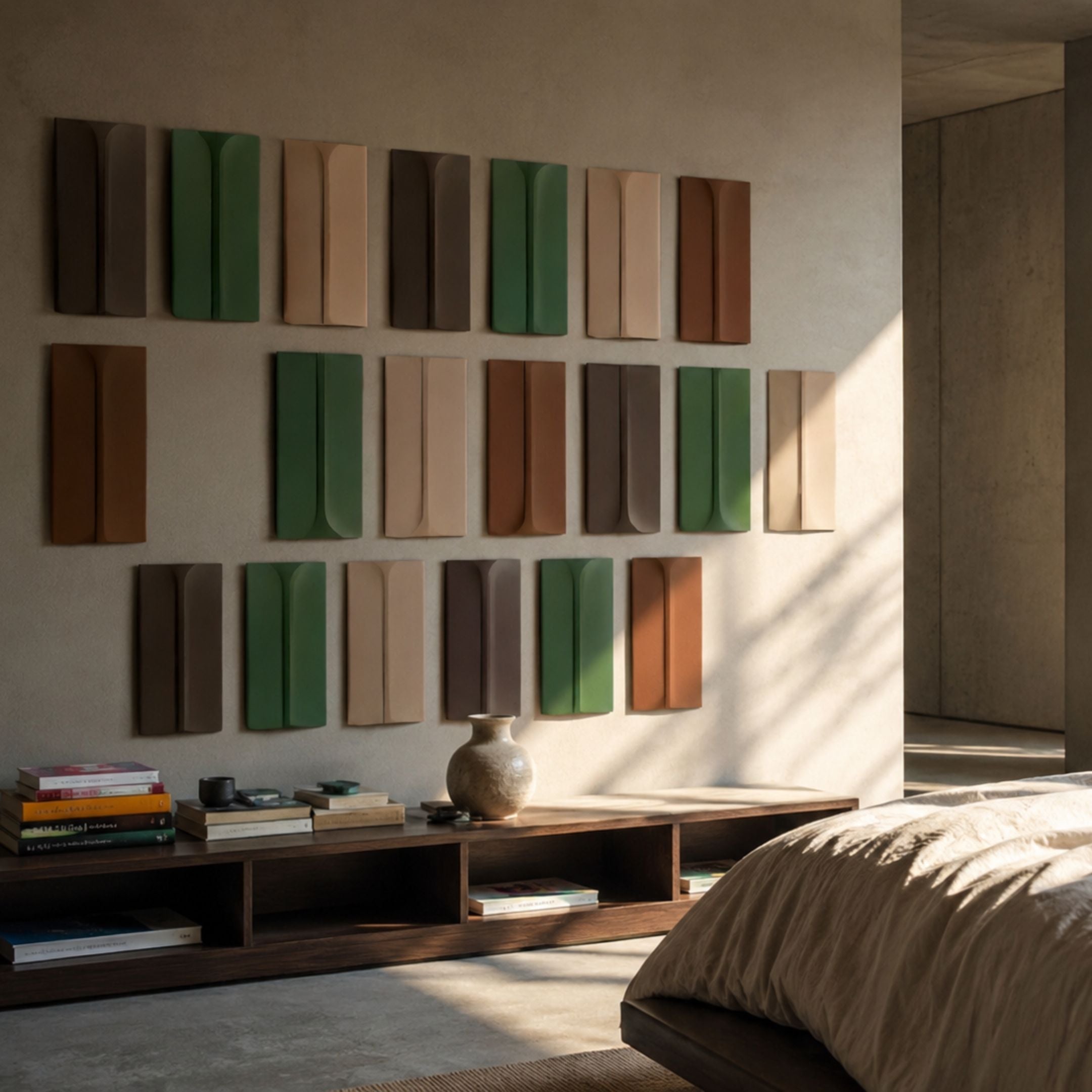 Eximia Brown & Green Tones Multi-Panel Wood Relief 3D Wall Art by Giant Sculptures, displayed above a low wooden console in a sunlit bedroom.