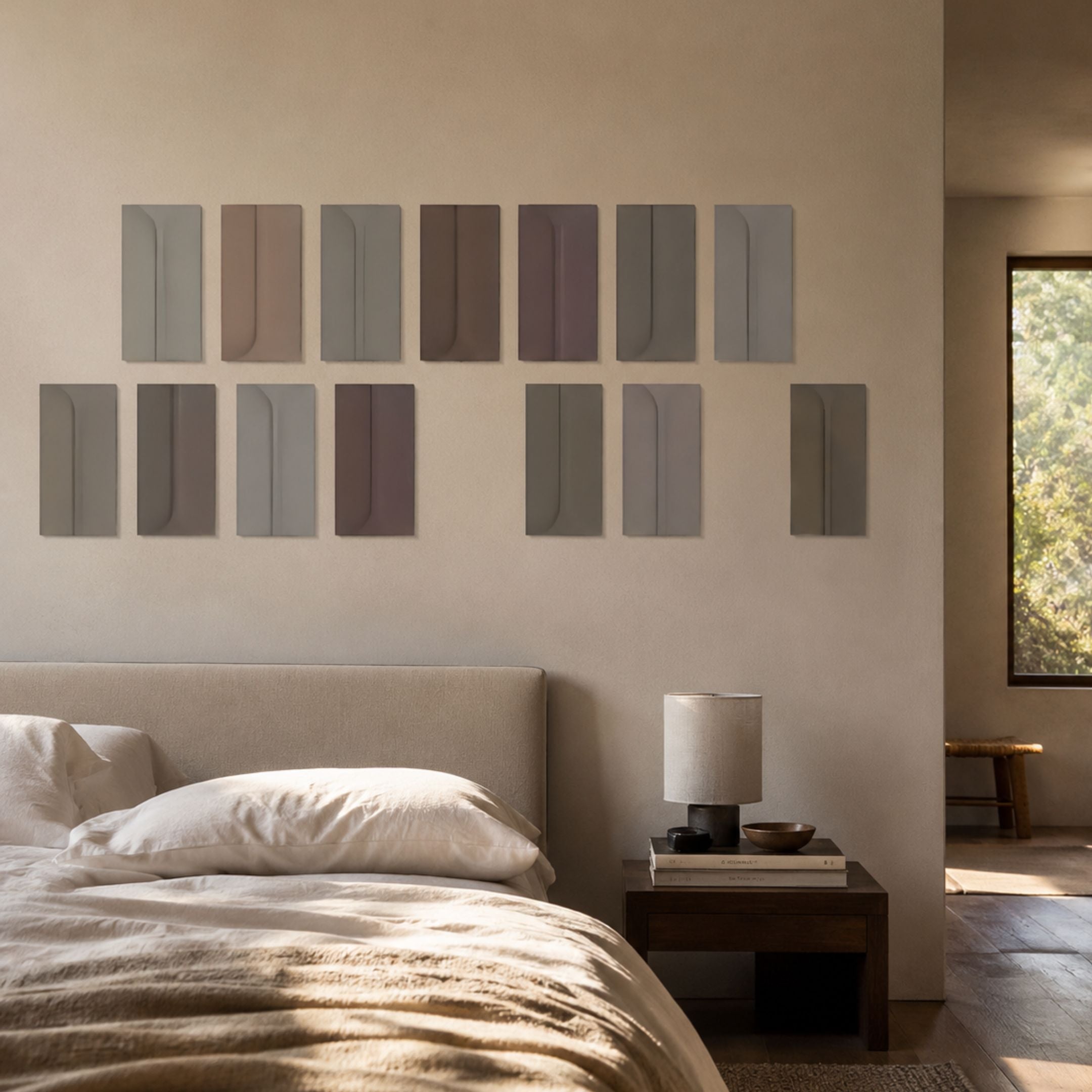 Eximia Neutral Tones Multi-Panel Wood Relief 3D Wall Art by Giant Sculptures displayed in two rows above an upholstered bed with linen bedding and wooden nightstand.
