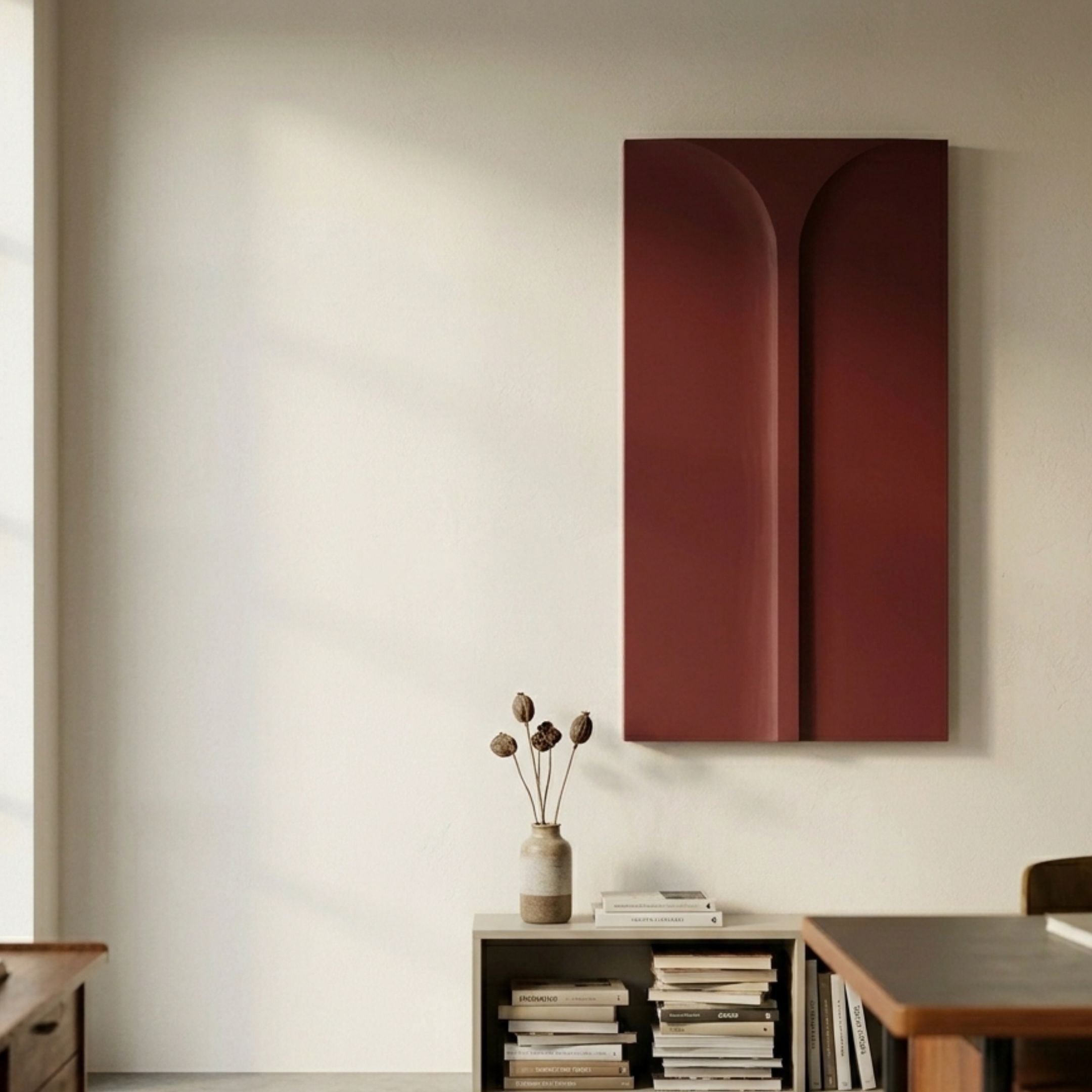 Eximia Red Minimalist Wood Relief 3D Wall Art by Giant Sculptures displayed on a cream wall above a low bookshelf with a vase of dried poppy pods.