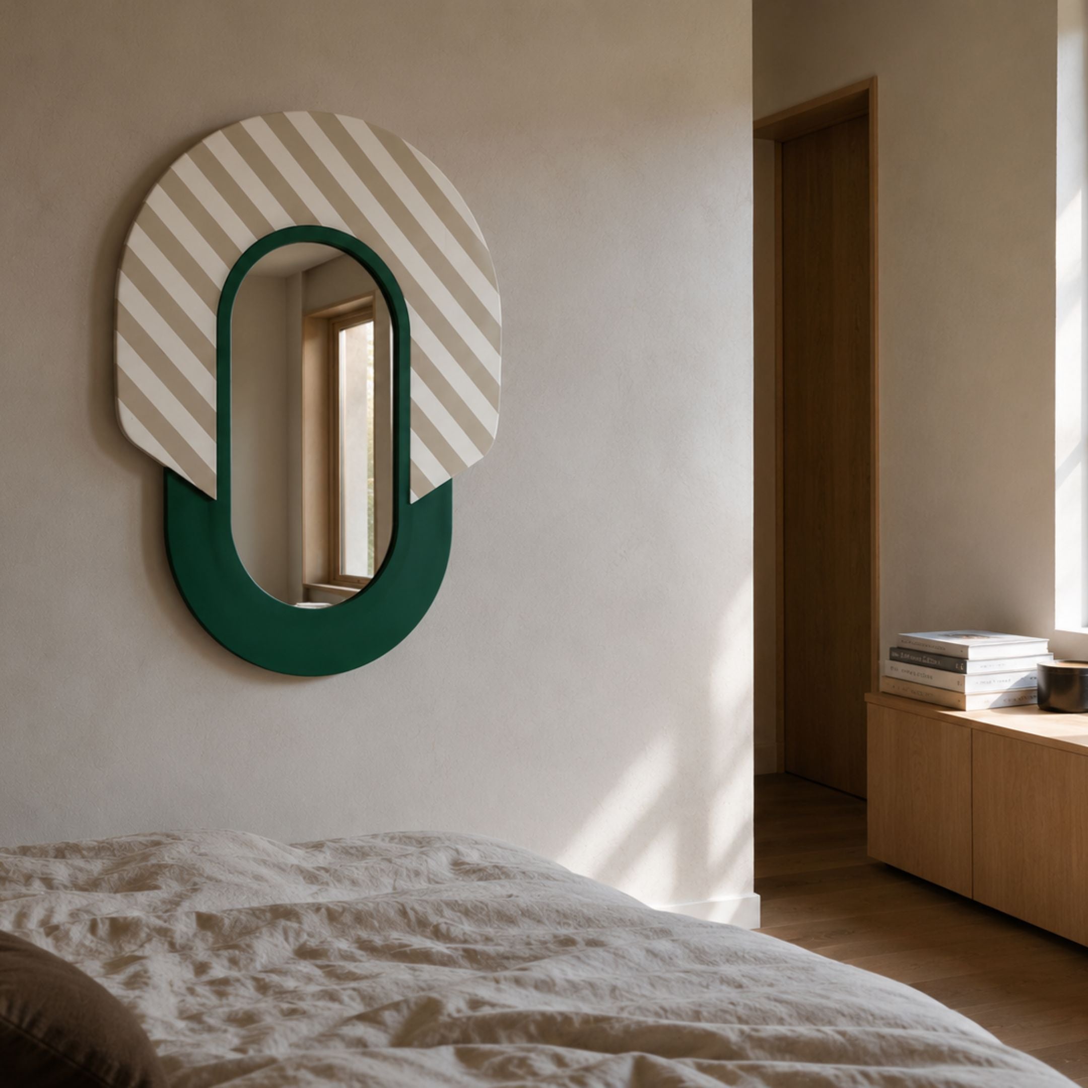 Arcus Green & Beige-White Striped Mirror 3D Wooden Wall Art by Giant Sculptures mounted above a linen-dressed bed in a warm, sunlit bedroom with oak cabinetry.