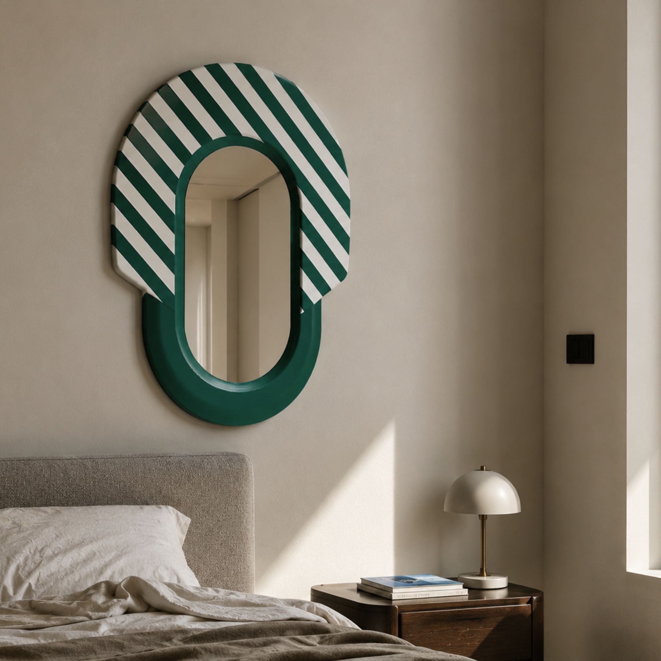 Arcus Green & White Striped Mirror 3D Wooden Wall Art mounted above an upholstered bed, beside a wooden nightstand with a dome lamp in a neutral bedroom.