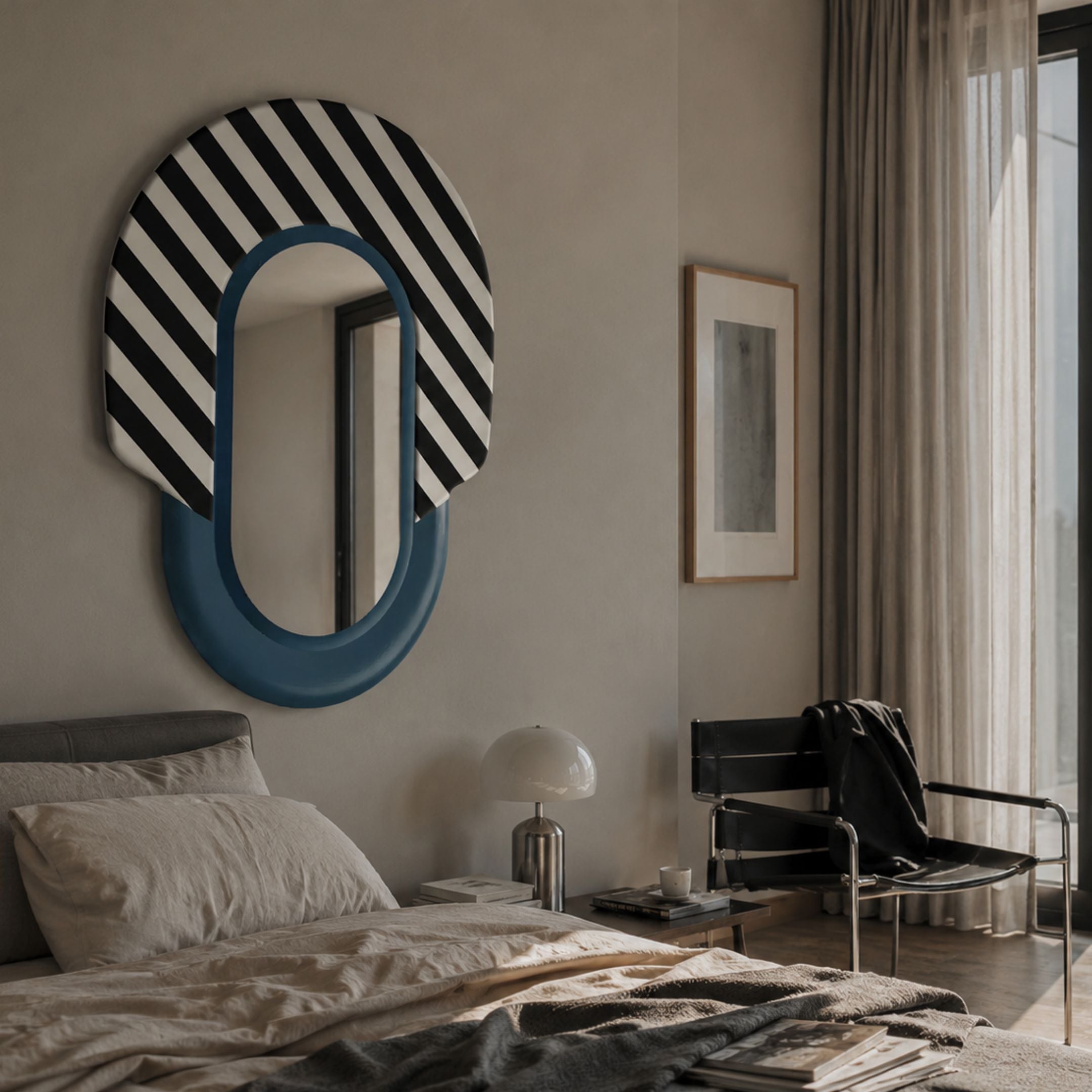 Arcus Blue & Black-White Striped Mirror 3D Wooden Wall Art mounted above a bed in a modern bedroom with a leather chair and table lamp nearby.