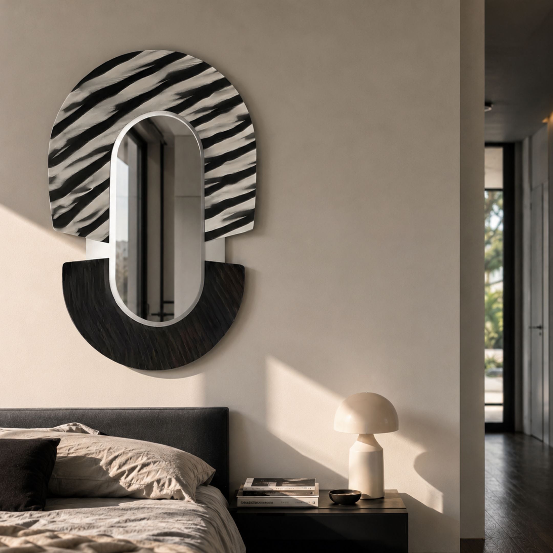 Arcus Black & White Zebra Stripes Mirror 3D Wooden Wall Art mounted above a grey upholstered bed with a mushroom lamp on the bedside table.