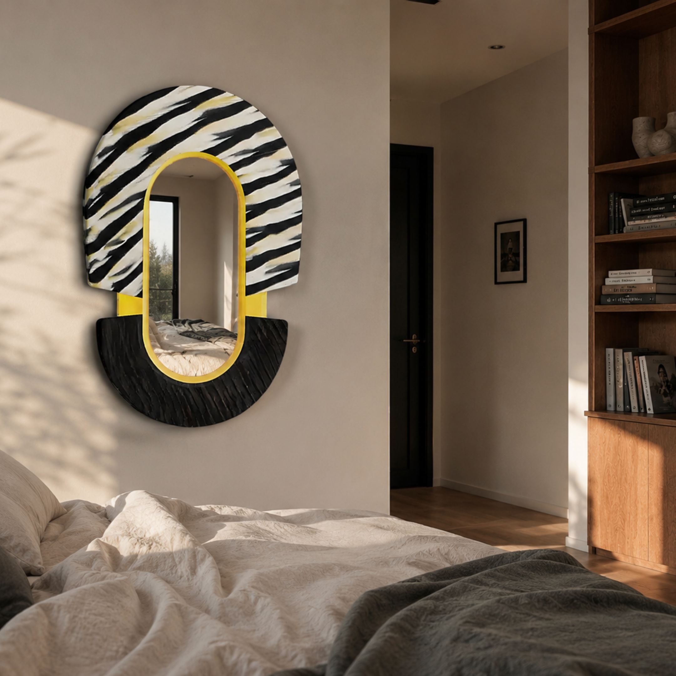Arcus Black & Yellow Zebra Stripes Mirror 3D Wooden Wall Art by Giant Sculptures displayed above a bed in a sunlit bedroom beside a wooden bookshelf.