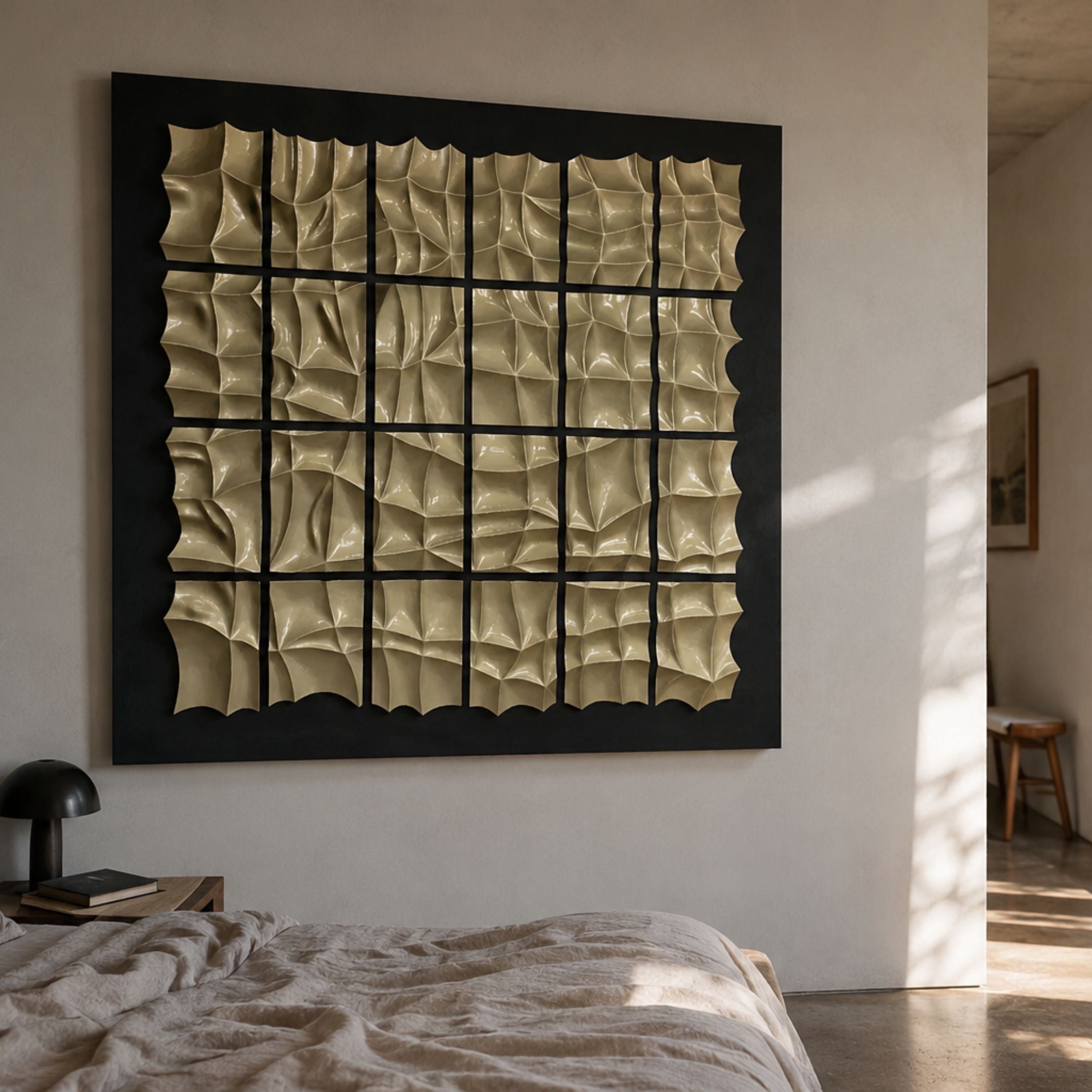 Aurion Black & Gold Glossy Wood Carving 3D Wall Art mounted above a bed, featuring a grid of glossy gold carved panels on a black backing board.