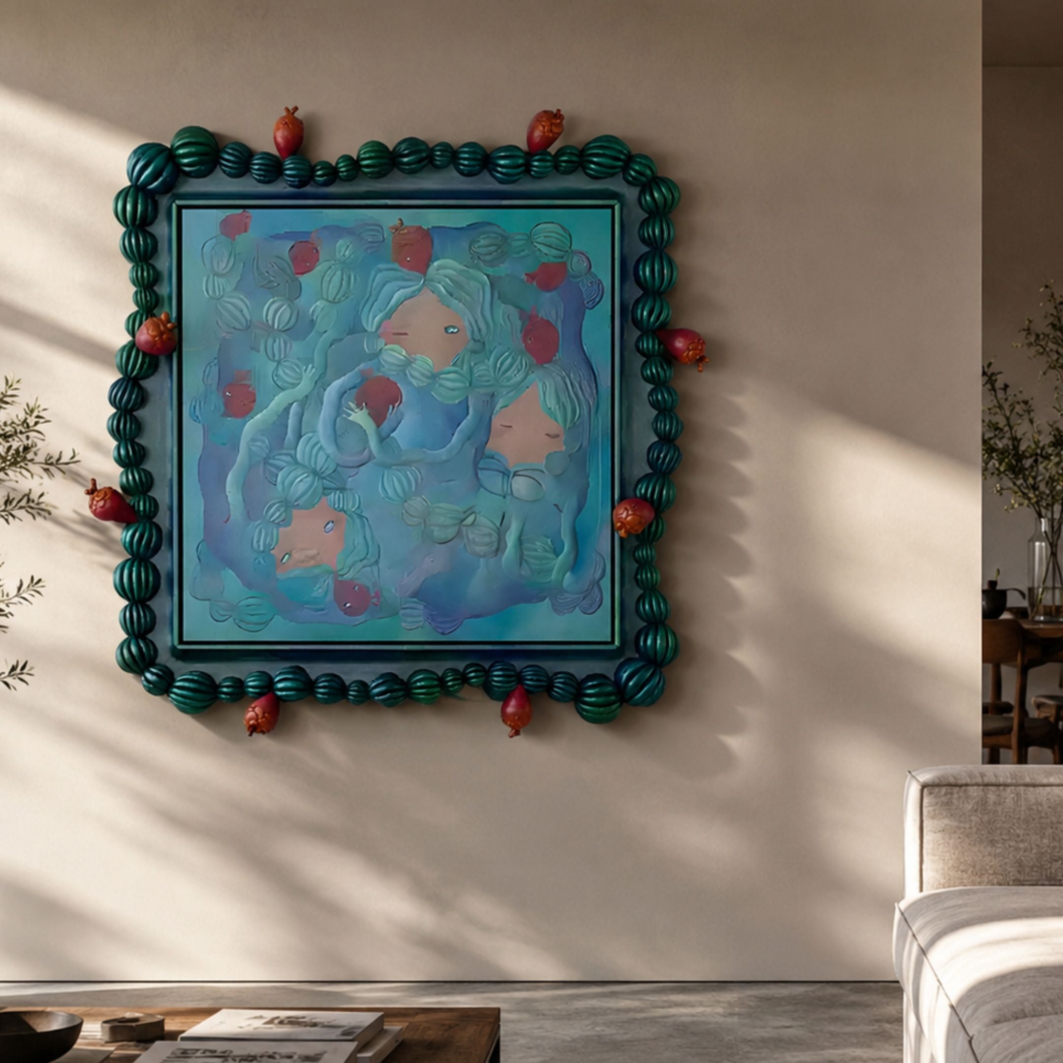Fabula Pomegranate Sea Anime Wood Relief 3D Wall Art by Giant Sculptures, displayed on a cream living room wall with blue-haired figures framed by green beaded borders and red pomegranates.