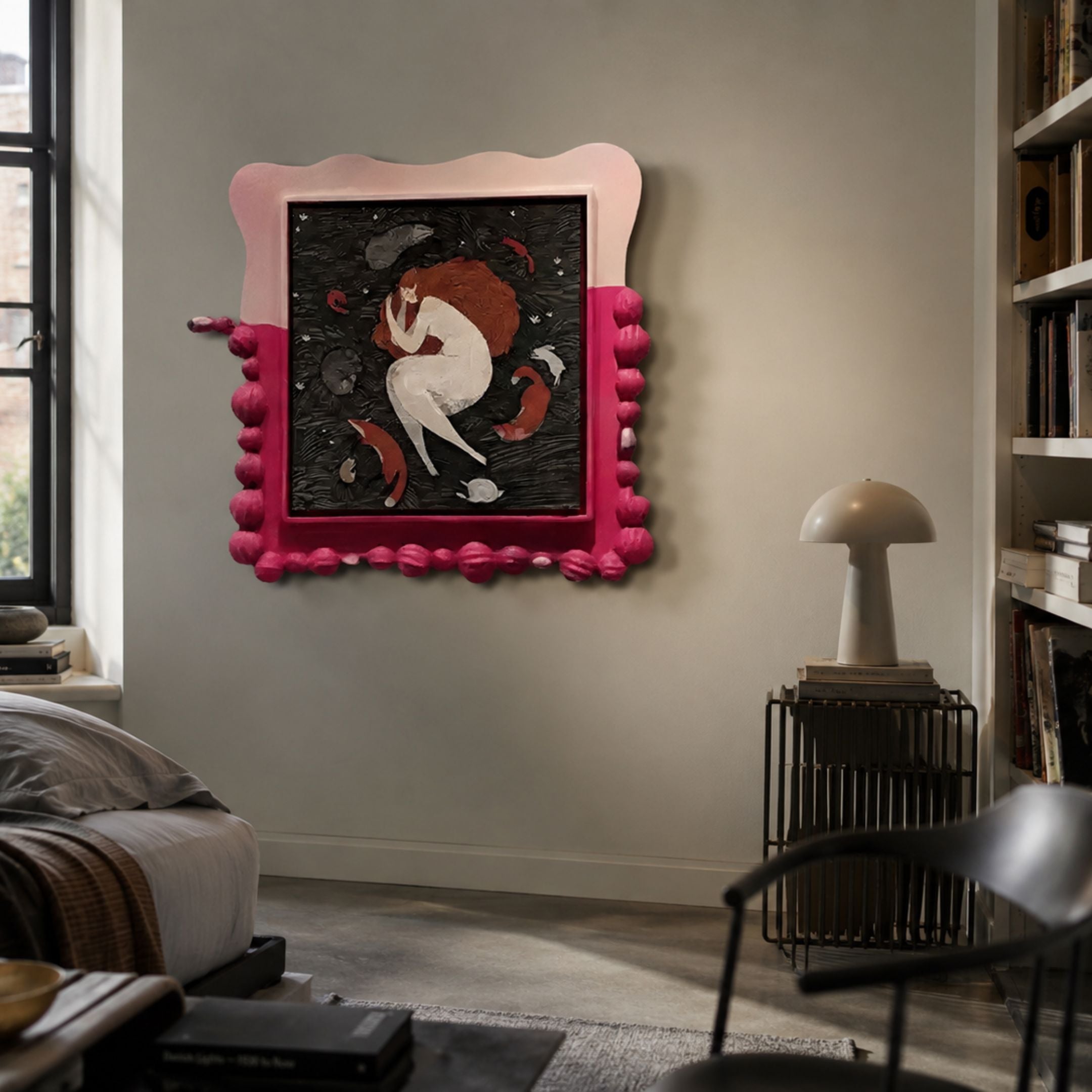 Fabula Girl with Fox Circle Anime Wood Relief 3D Wall Art with pink wavy border displayed on a cream wall above a mushroom lamp in a living room.
