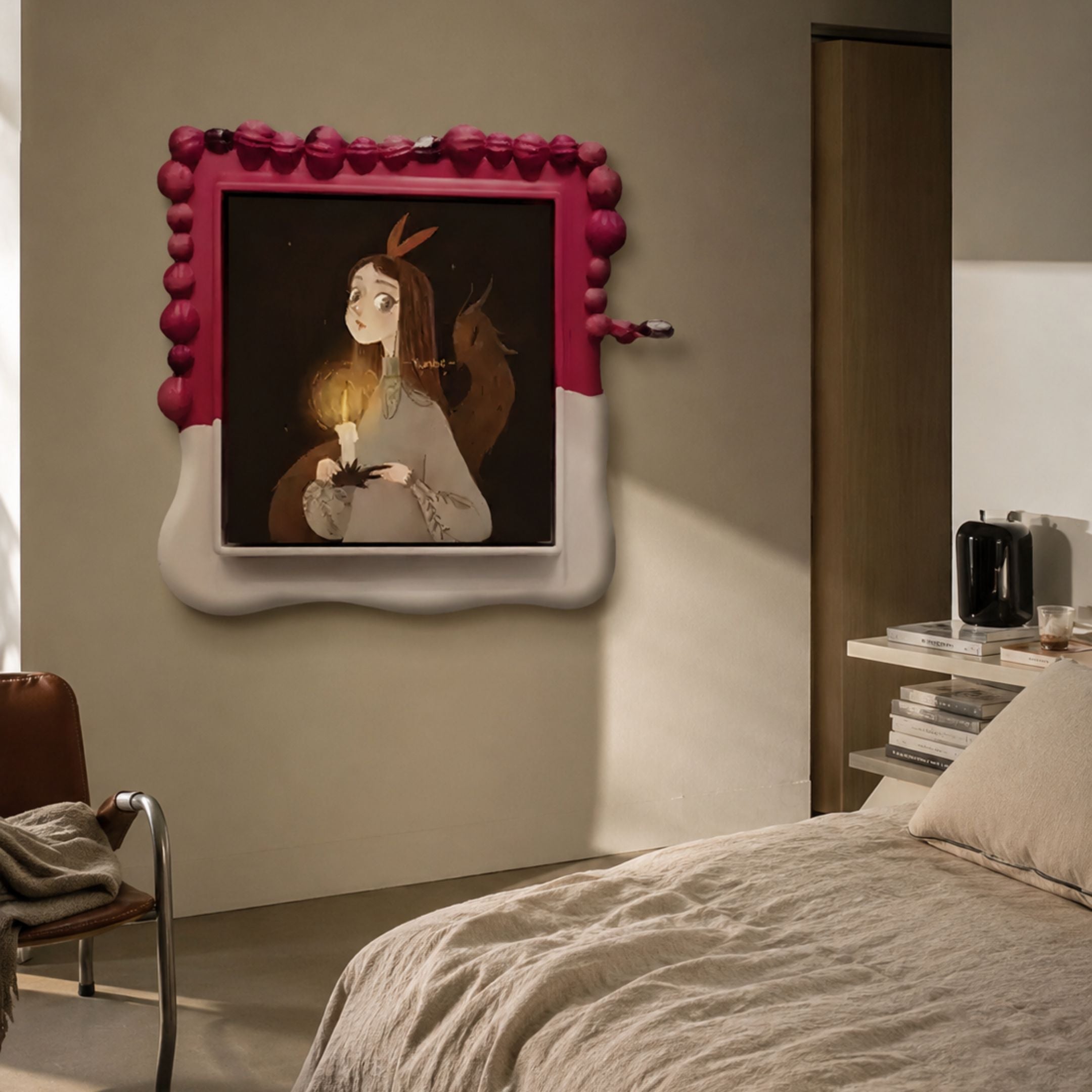 Fabula Candle in the Dark Anime Wood Relief 3D Wall Art by Giant Sculptures mounted above a bed, beside a leather chair and book shelving.