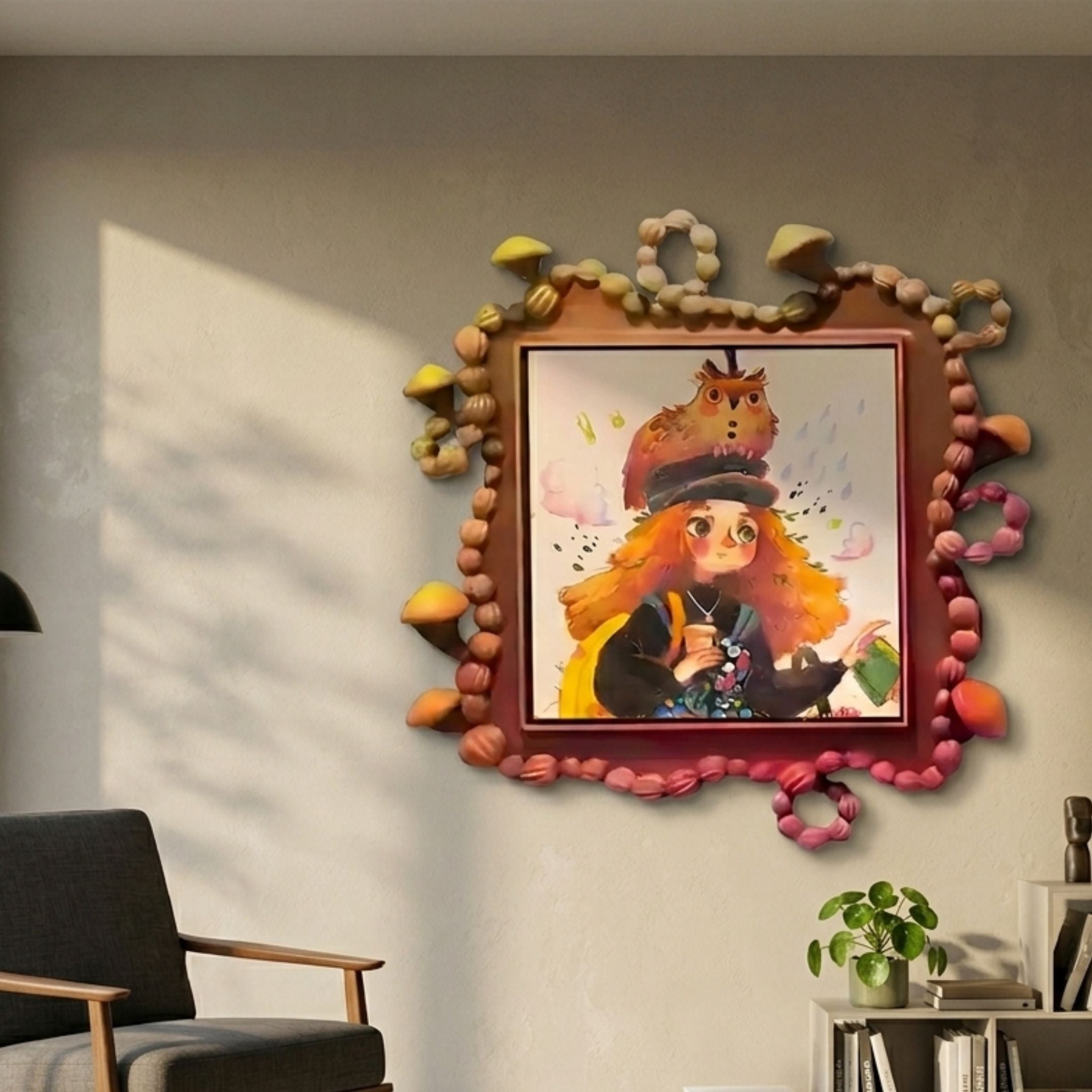 Fabula Owl Companion wood relief wall art by Giant Sculptures, featuring an orange-haired girl and owl framed by mushrooms and vines, displayed above a grey armchair.