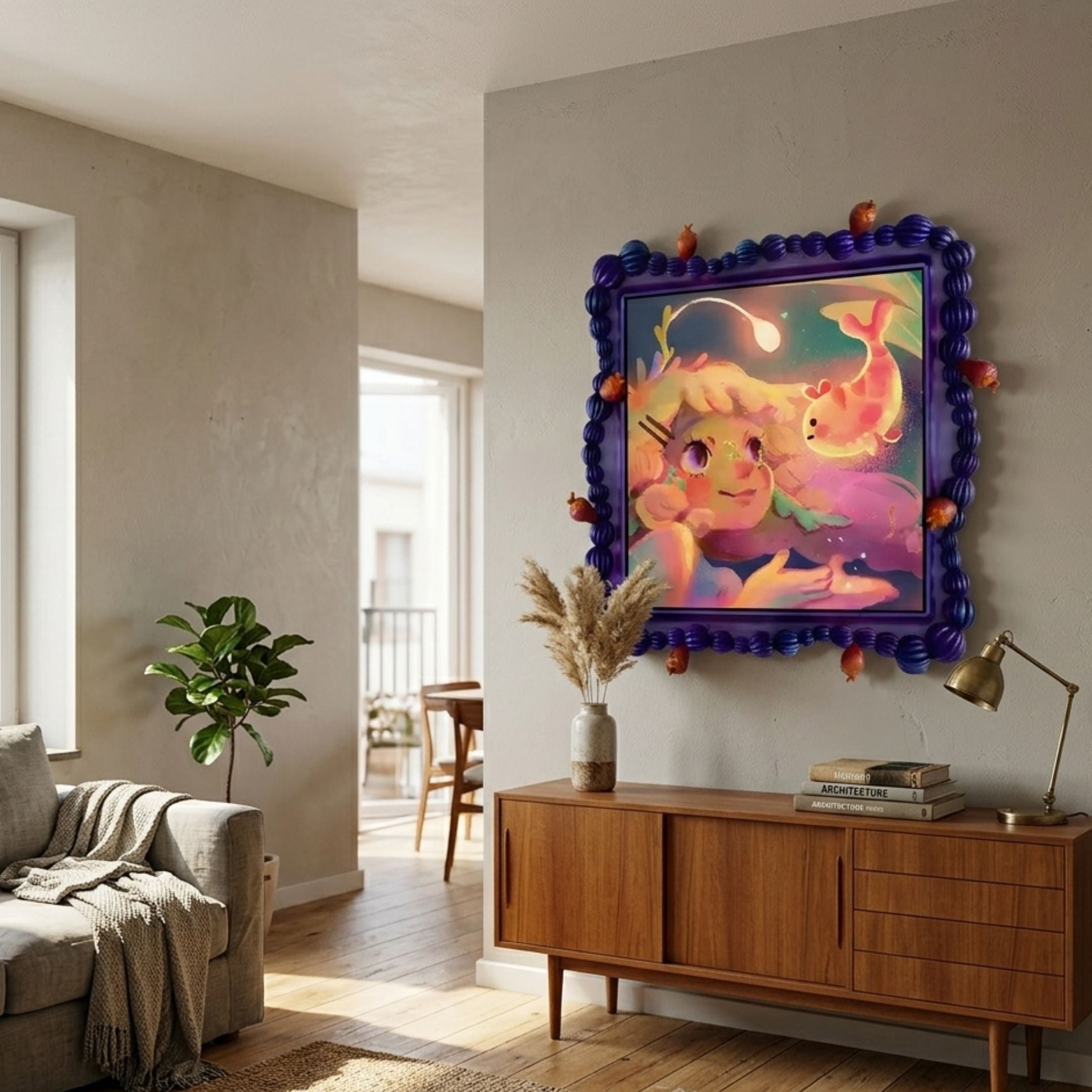 Fabula Glowfish Encounter Anime Wood Relief 3D Wall Art by Giant Sculptures, displayed above a teak sideboard in a living room with sofa, plant, and lamp.