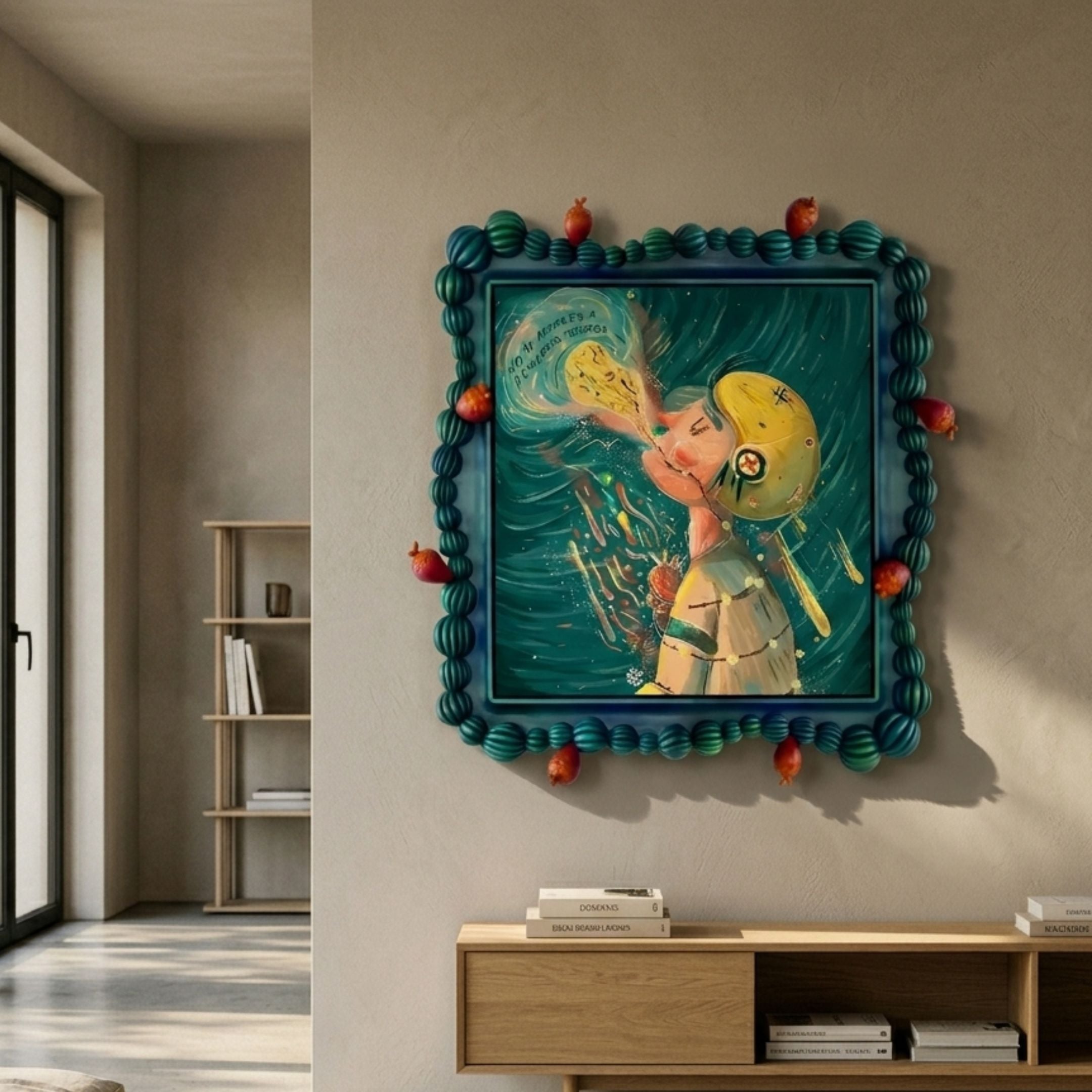 Fabula Toxic Bubble Pop Anime Wood Relief 3D Wall Art by Giant Sculptures displayed on a beige hallway wall above a wooden console with books.