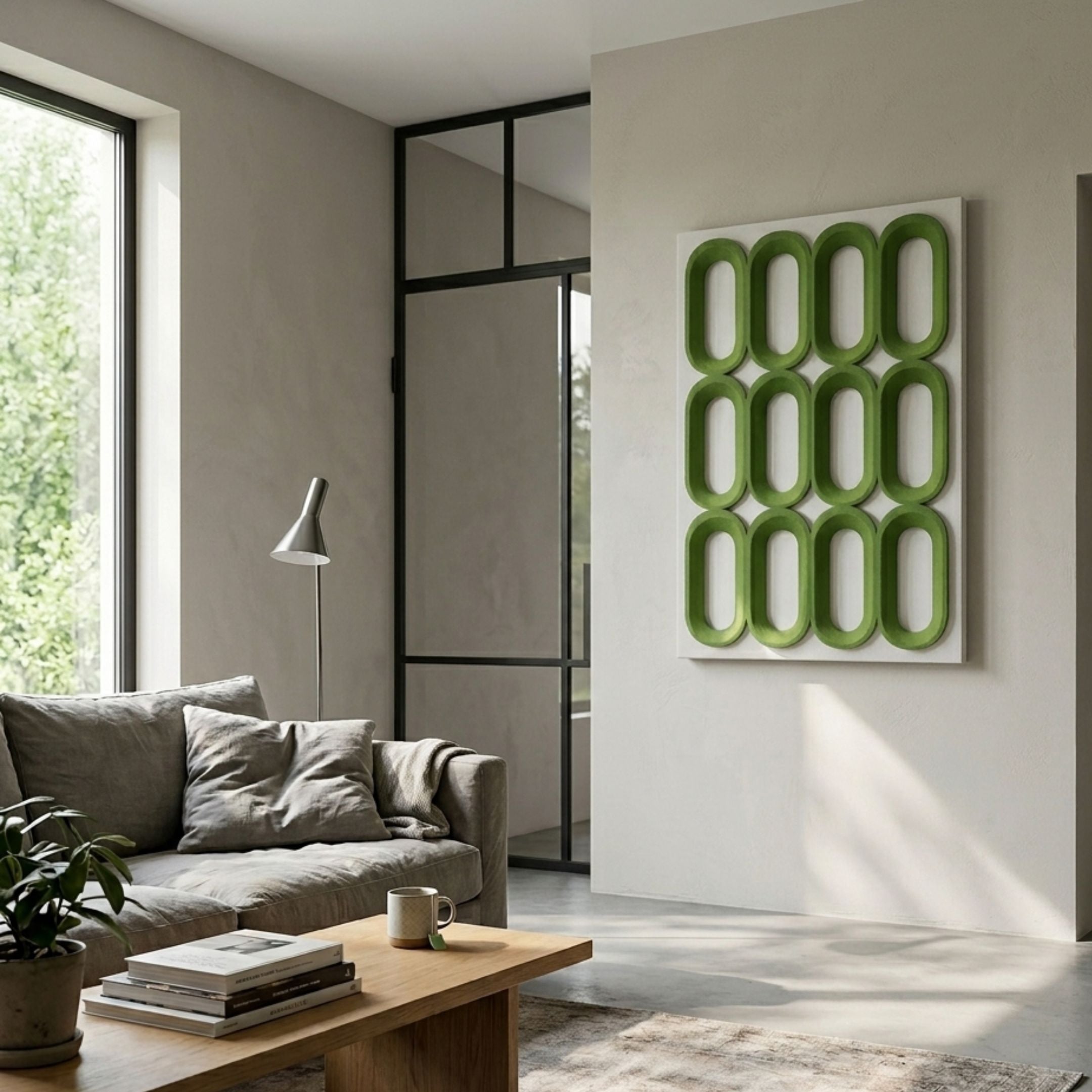 Revela White & Green Geometric Wood Relief 3D Wall Art by Giant Sculptures displayed on a pale wall in a minimalist living room with a grey sofa and floor lamp.