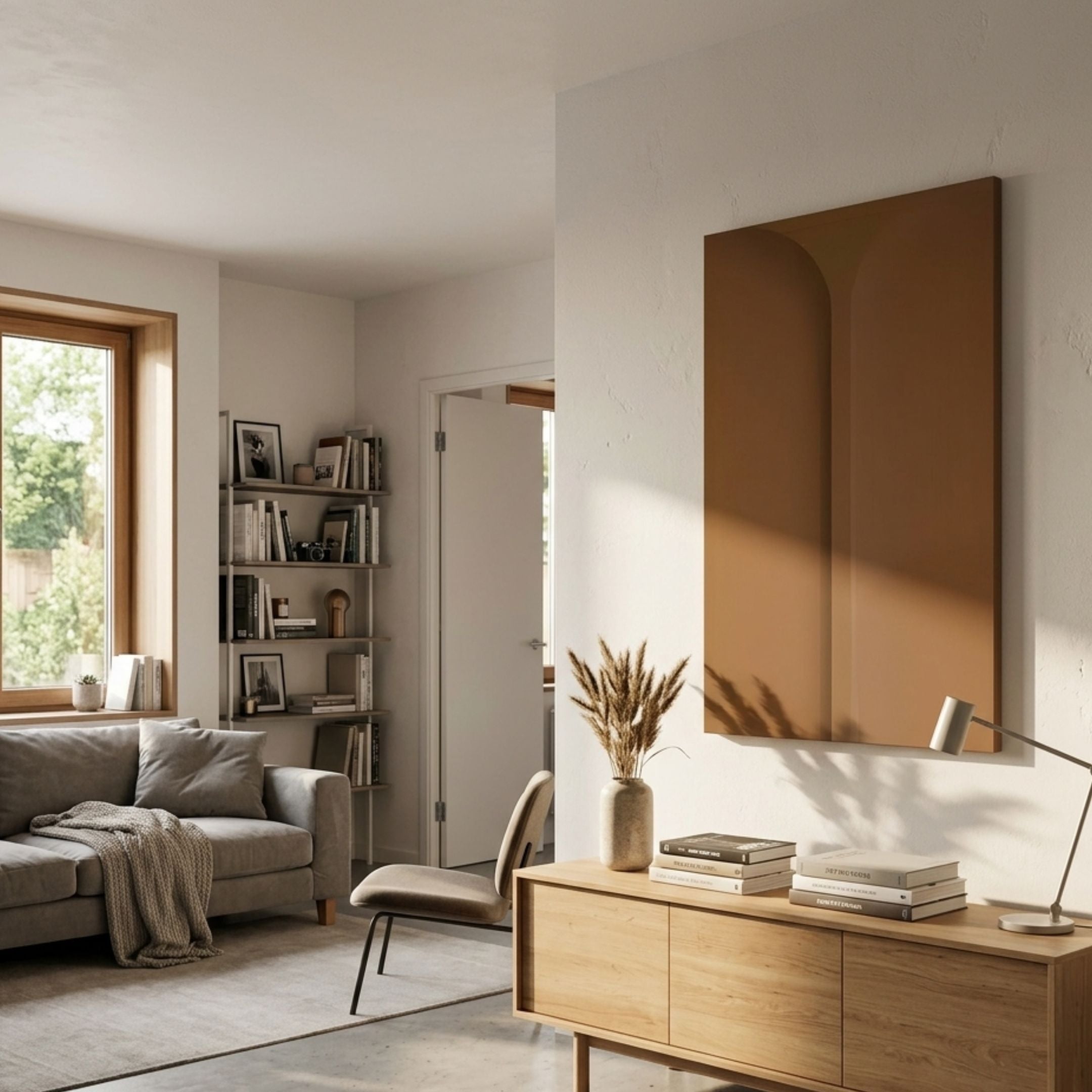 Eximia Sienna Minimalist Wood Relief 3D Wall Art by Giant Sculptures, a tall sienna-brown panel with a curved indentation, mounted in a Nordic living room.