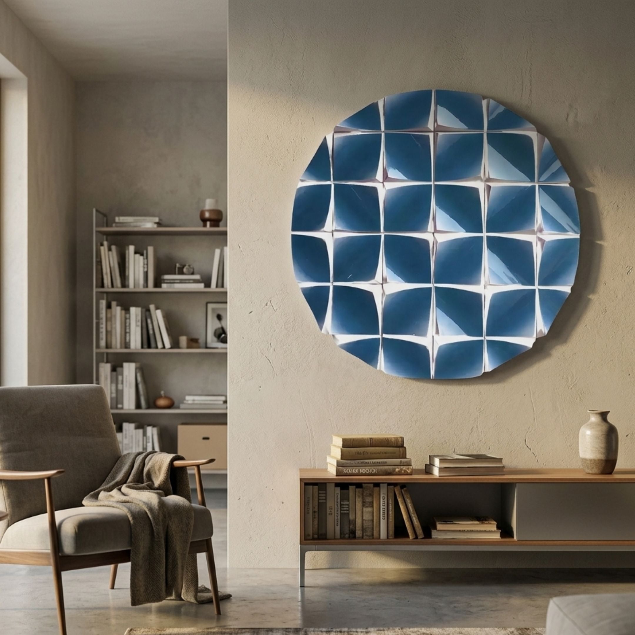 Incalia Blue Circular Geometric Wood Relief 3D Wall Art by Giant Sculptures displayed on a beige wall above a wooden console in a modern living room.