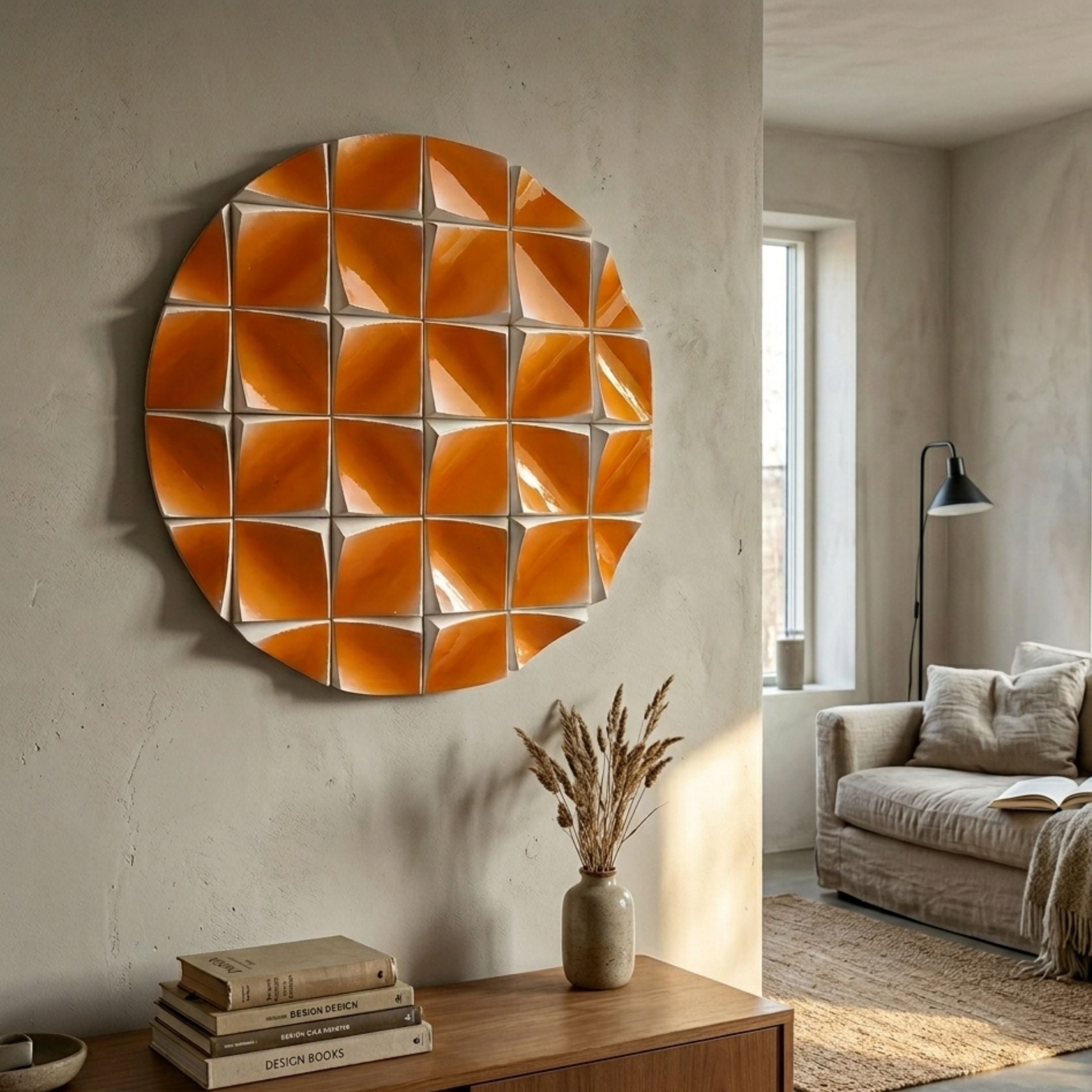 Incalia Orange Circular Geometric Wood Relief 3D Wall Art mounted on a beige plaster wall above a wooden console with books and a vase in a sunlit living room.