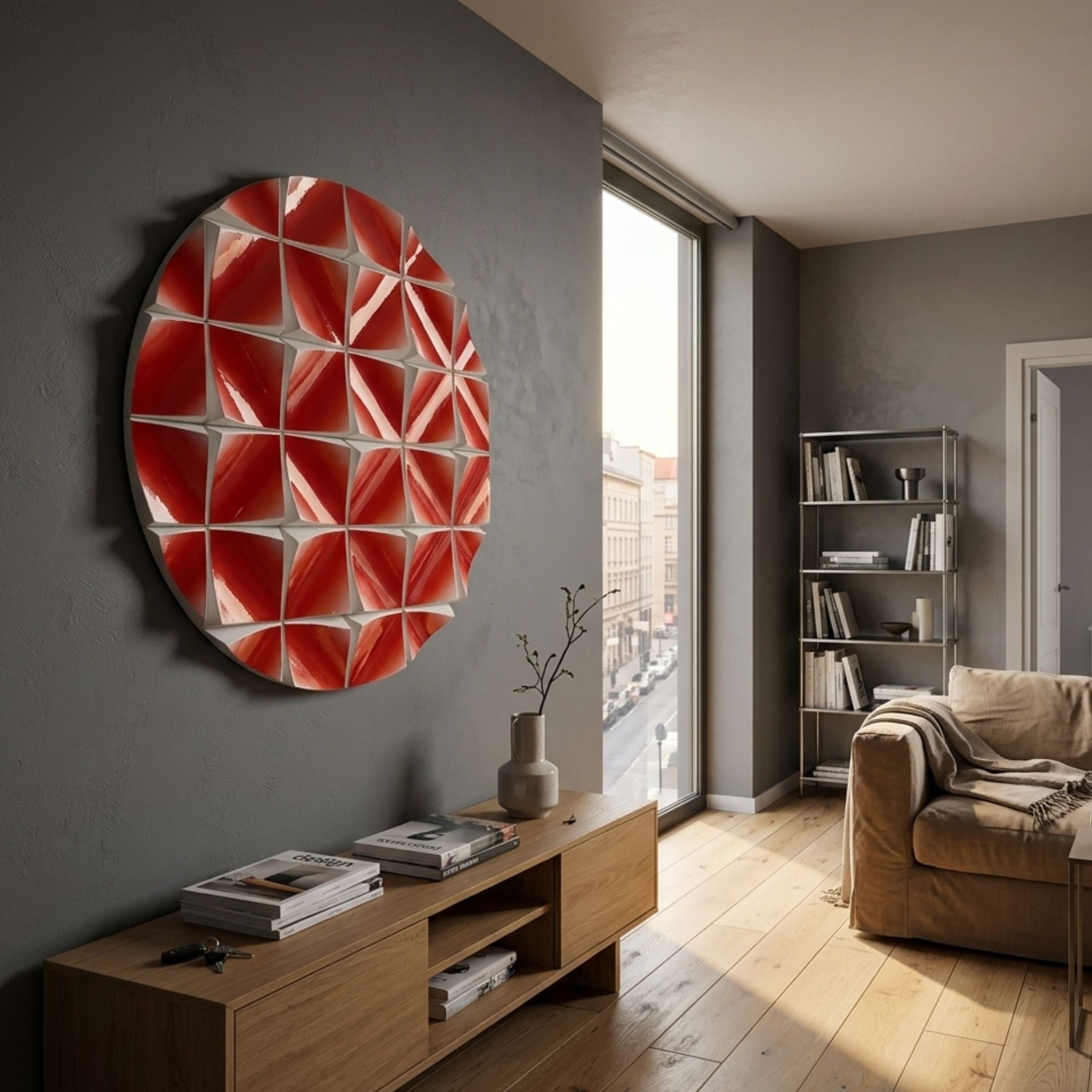 Incalia Red Circular Geometric Wood Relief 3D Wall Art by Giant Sculptures mounted on a grey living room wall above a wooden console with vase and books.