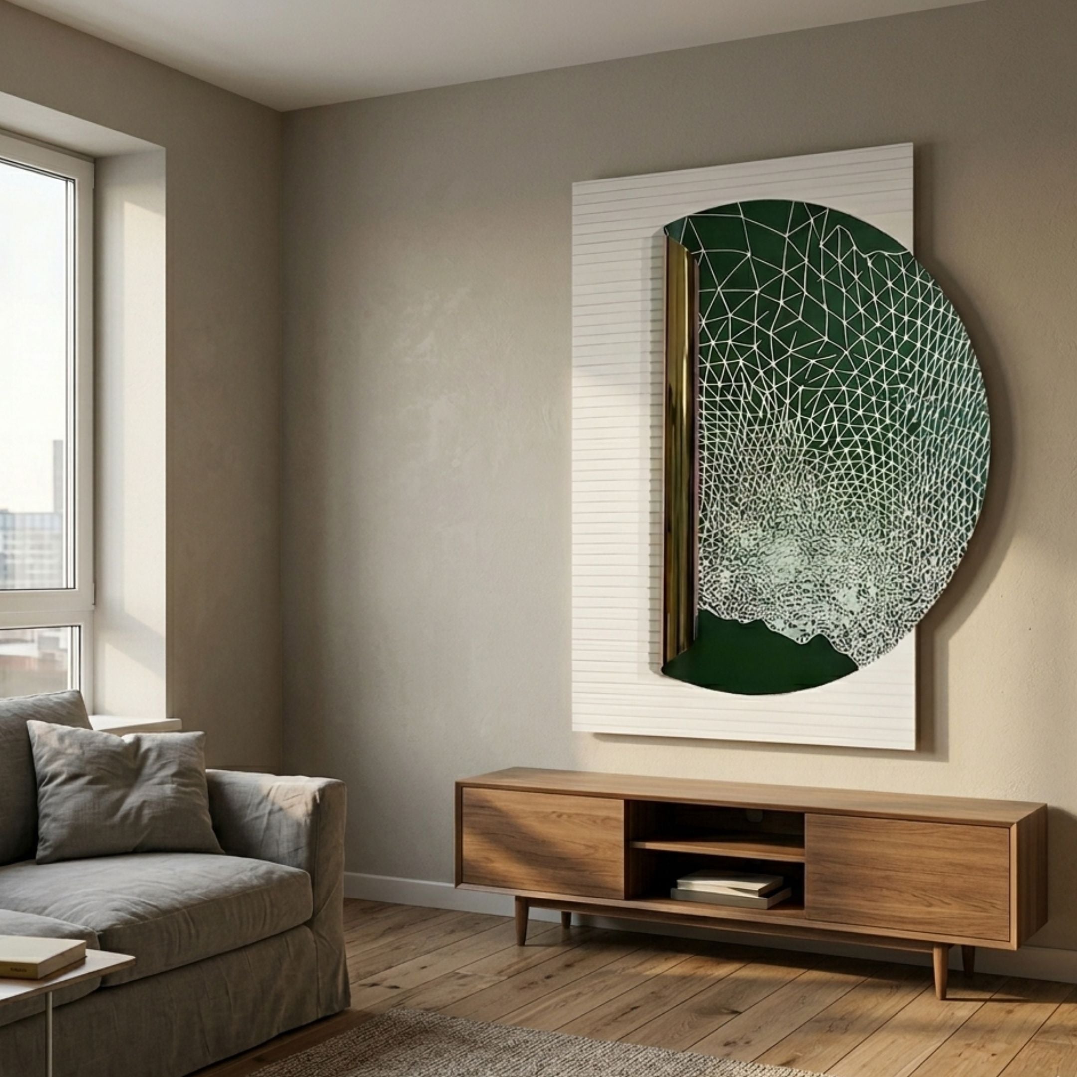 Artevia Green & White Geometric Wood Relief 3D Wall Art mounted above a wooden console in a modern living room with grey sofa and beige walls.