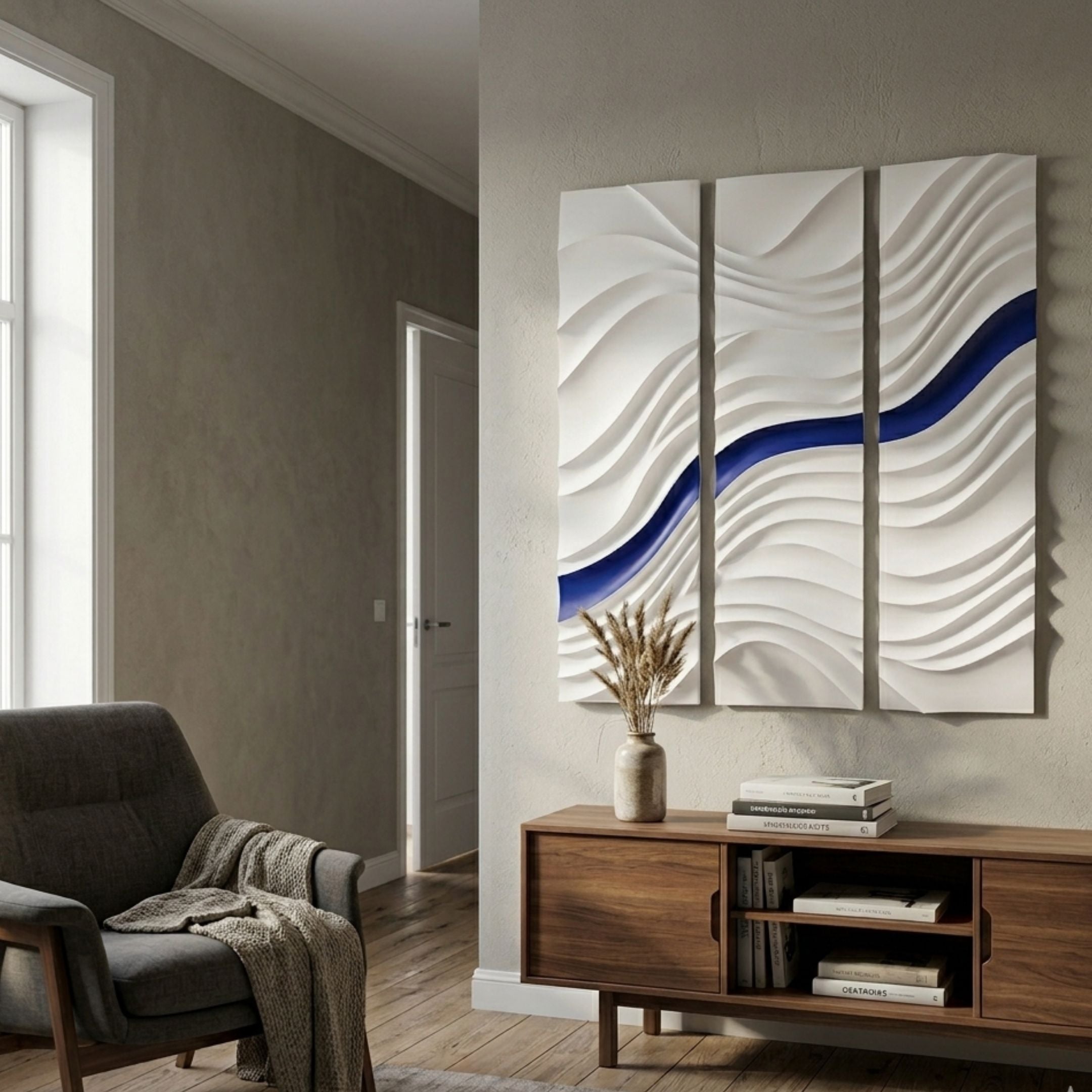 Evolva 3-Panel White & Blue Wood Relief 3D Wall Art with wavy carved panels and a horizontal blue stripe, mounted above a walnut sideboard in a living room.