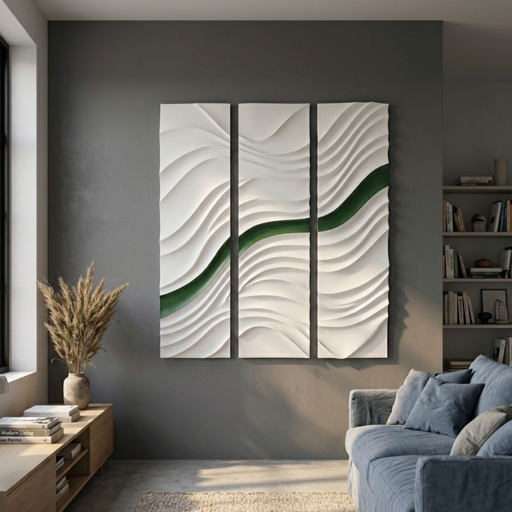Evolva 3-Panel White & Green Wood Relief 3D Wall Art by Giant Sculptures, wavy carved triptych with a green diagonal stripe, on a grey living room wall.